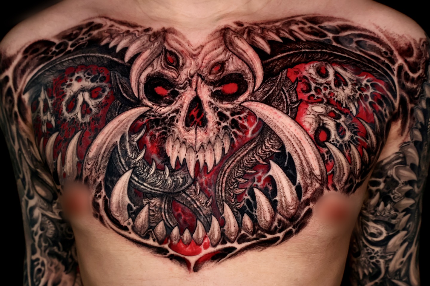 Skull dark realism tattoo on the chest by Dark tattoo