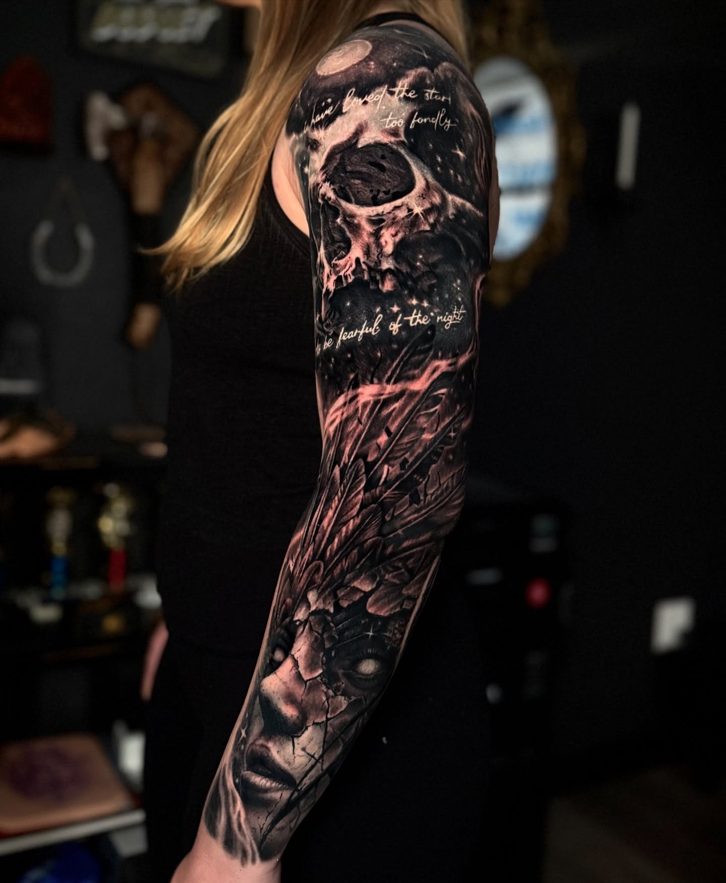 Skull and cracked face dark realism tattoo on the forearm by Matt Vaught π Dark Surrealism