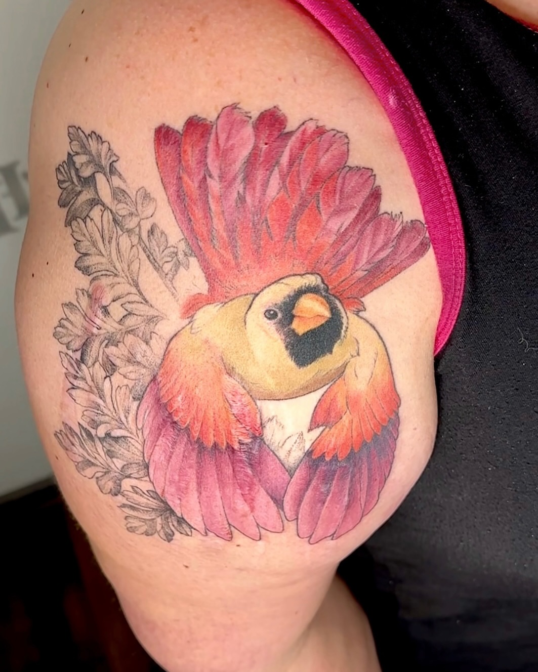 Cardinal bird realism tattoo on the shoulder by Ruby Gore, Portland, Oregon