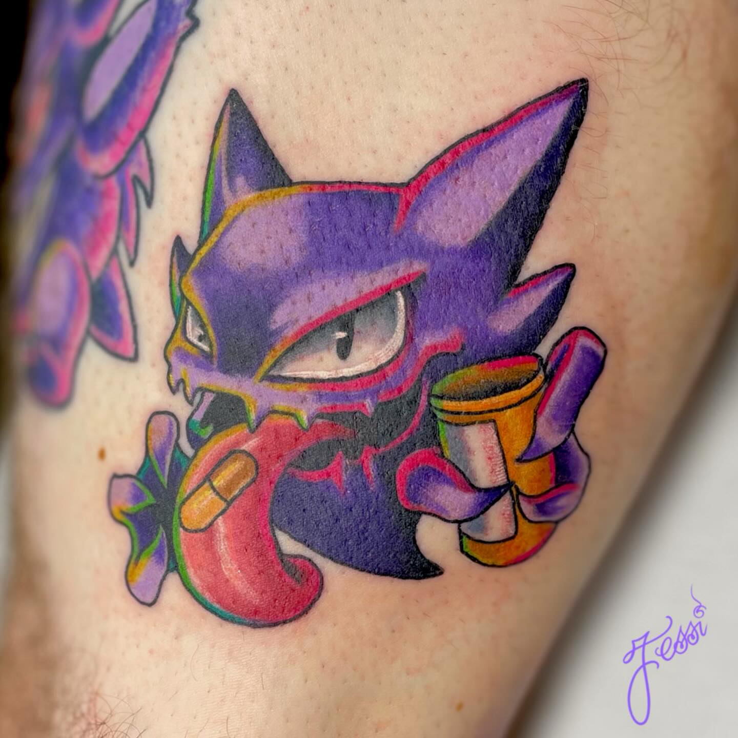 Purple cat American traditional tattoo on the thigh by Jessi Kilpatrick