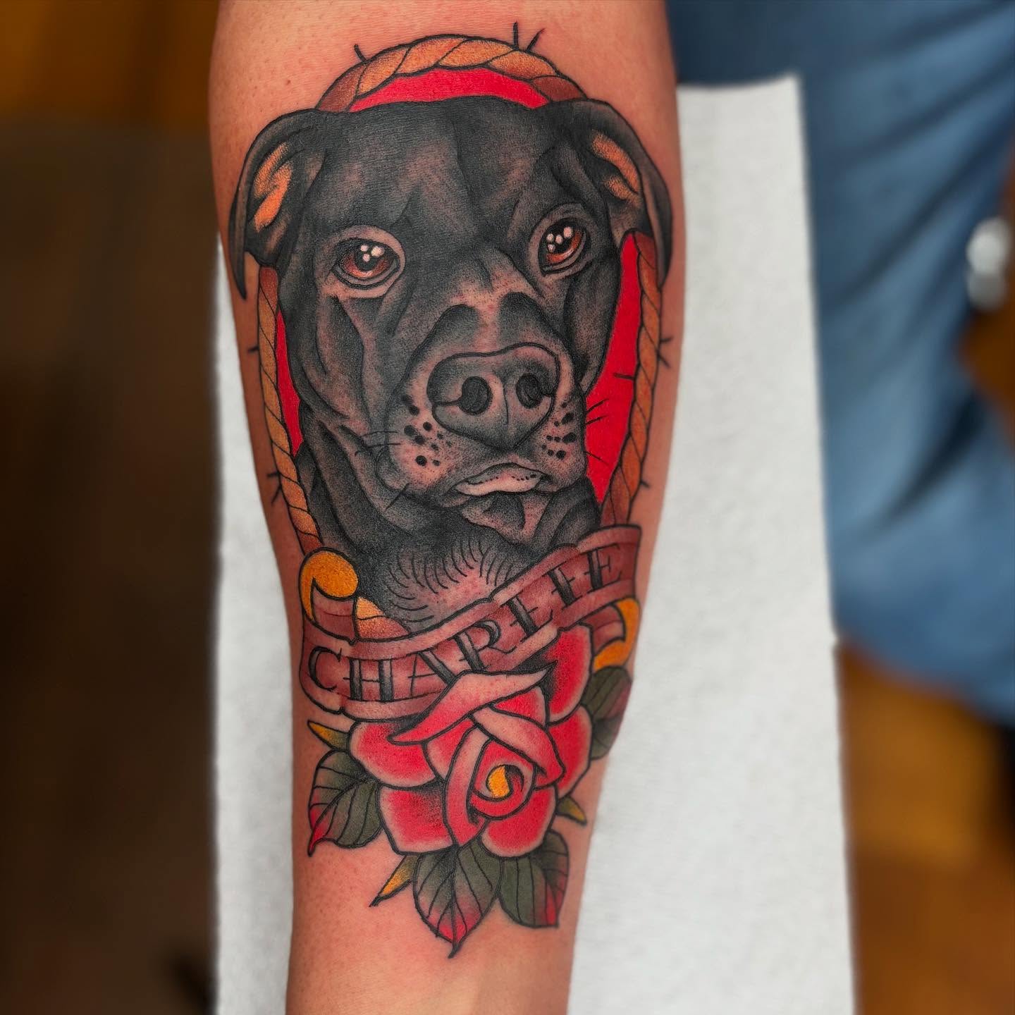 Pitbull with rose realism tattoo on the forearm by Cody Collins