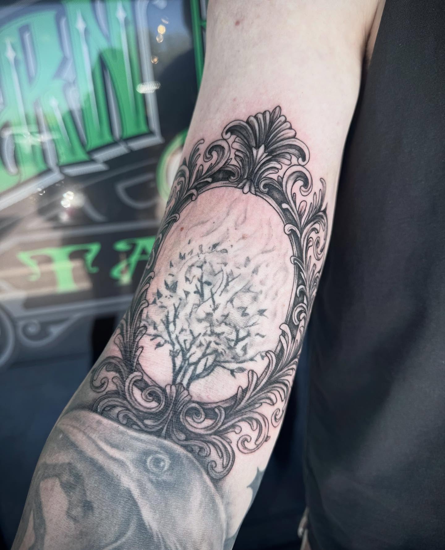 Tree black and grey tattoo on the forearm by Jianna