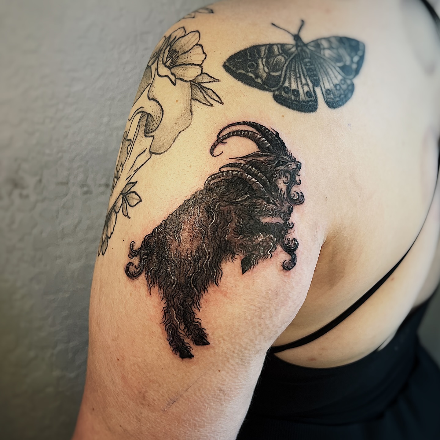 Goat black and grey tattoo on the shoulder by Nikki Ward
