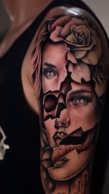 Woman's face merging with skull realism tattoo by Esto