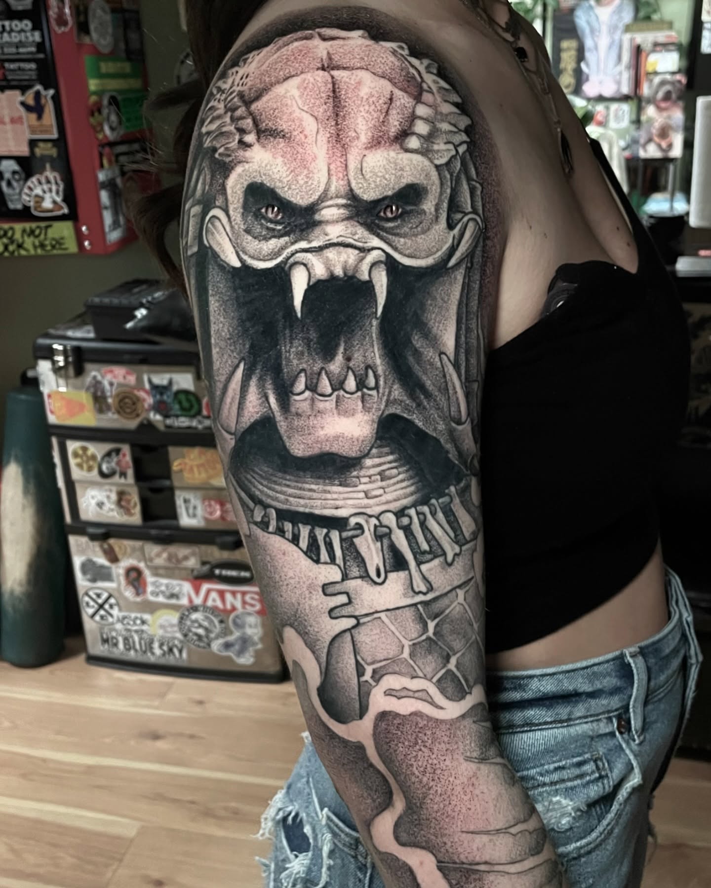 Demon dotwork tattoo on the forearm by Ian Spong