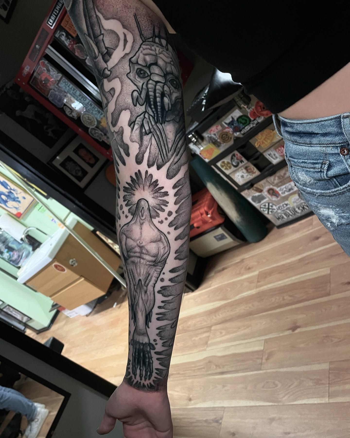 Elephant black and grey tattoo on the forearm by Ian Spong