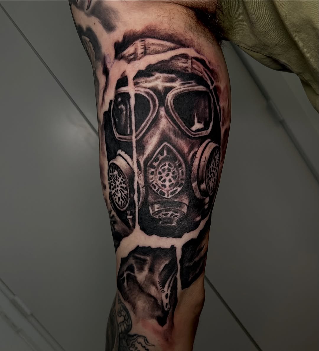 Gas mask realism tattoo on the forearm by James ⚡️ Tattoo Artist
