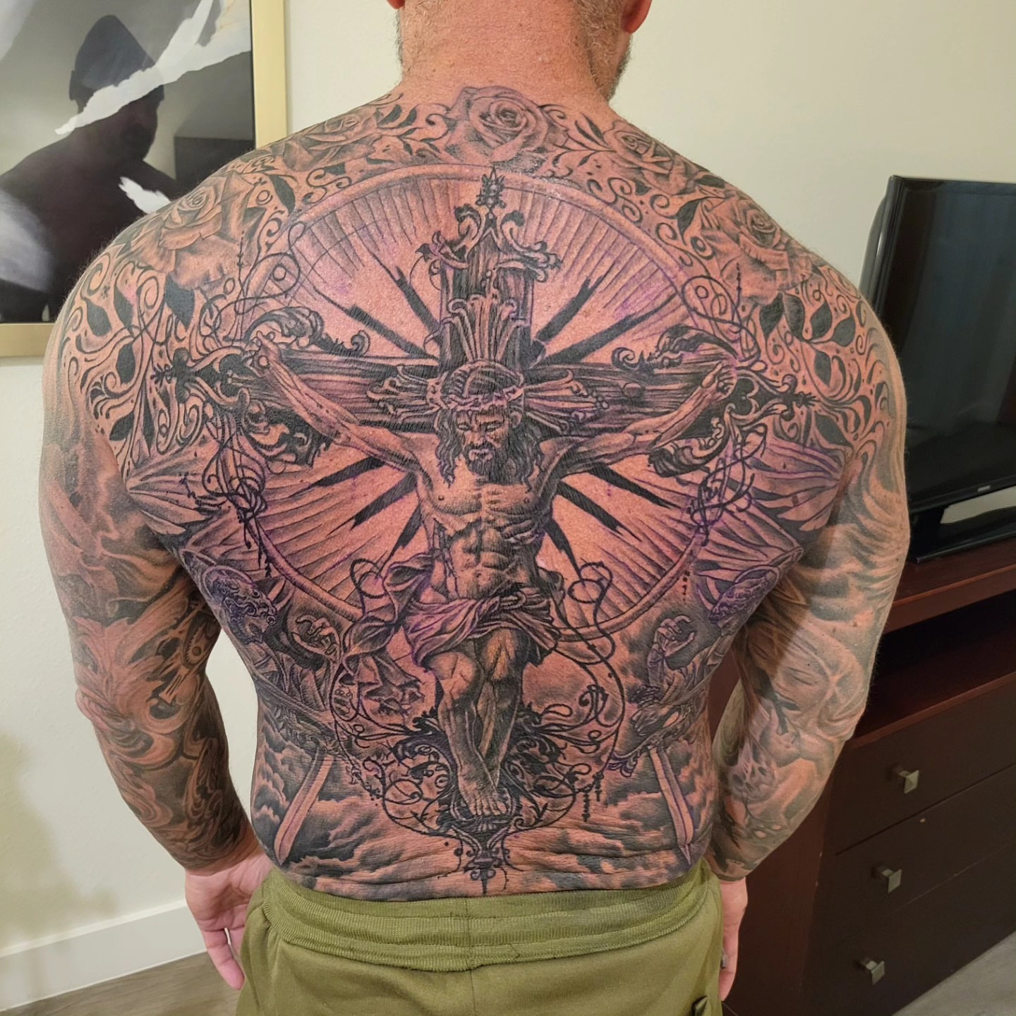 Religious crucifixion scene realism tattoo on the back by Beto Tats, Round Rock, Texas