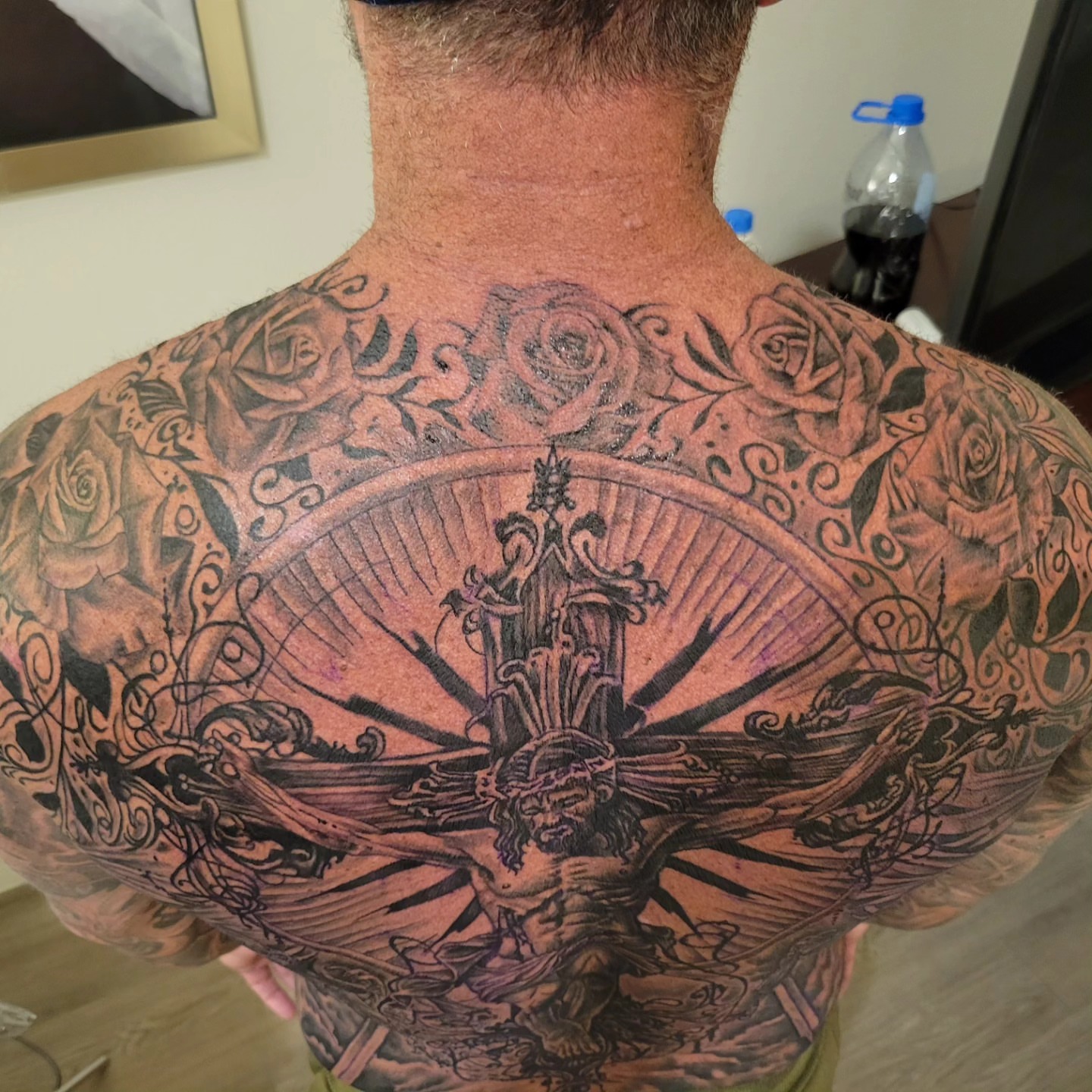 Christian crucifixion scene realism tattoo on the back by Beto Tats, Round Rock, Texas