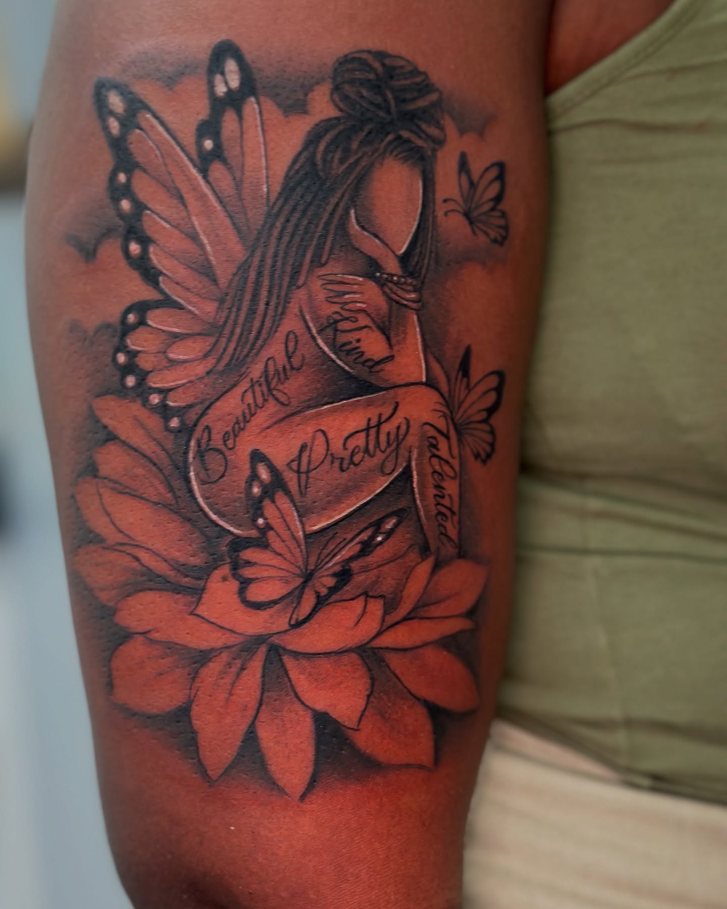 Fairy with butterflies realism tattoo on the forearm by guinn_art_tatts, Le Moule