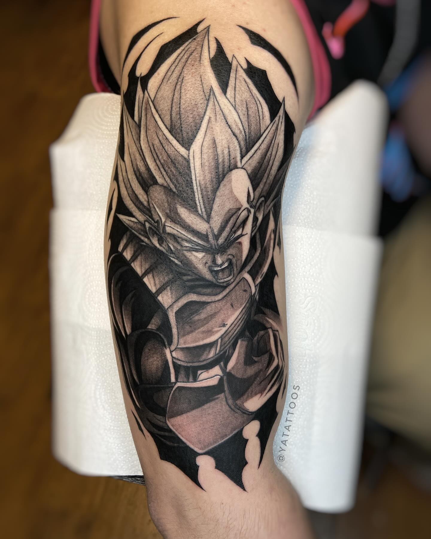Vegeta black and grey tattoo on the forearm by Yasmin Almeida