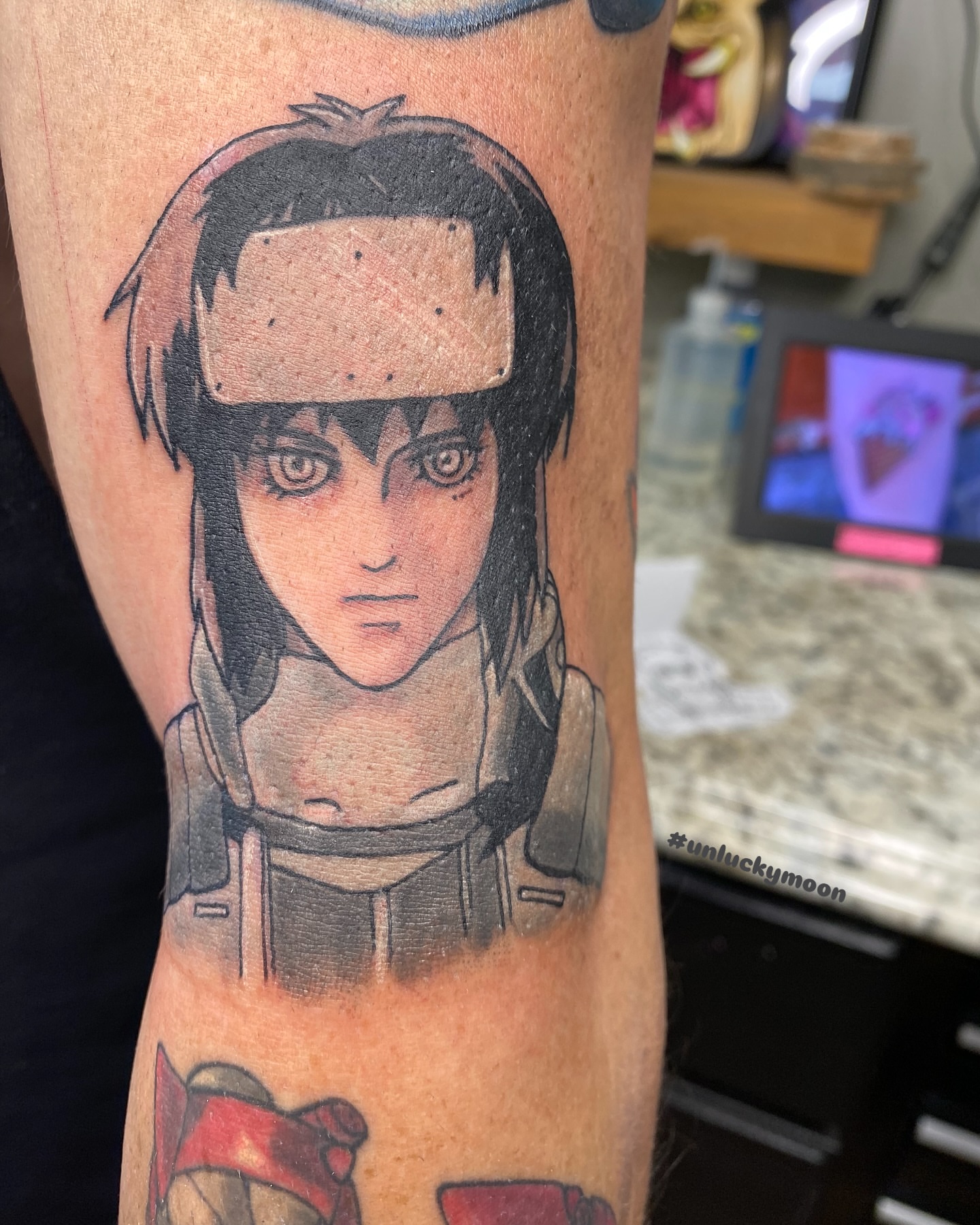 Anime character anime tattoo on the forearm by Destinee DeFriece