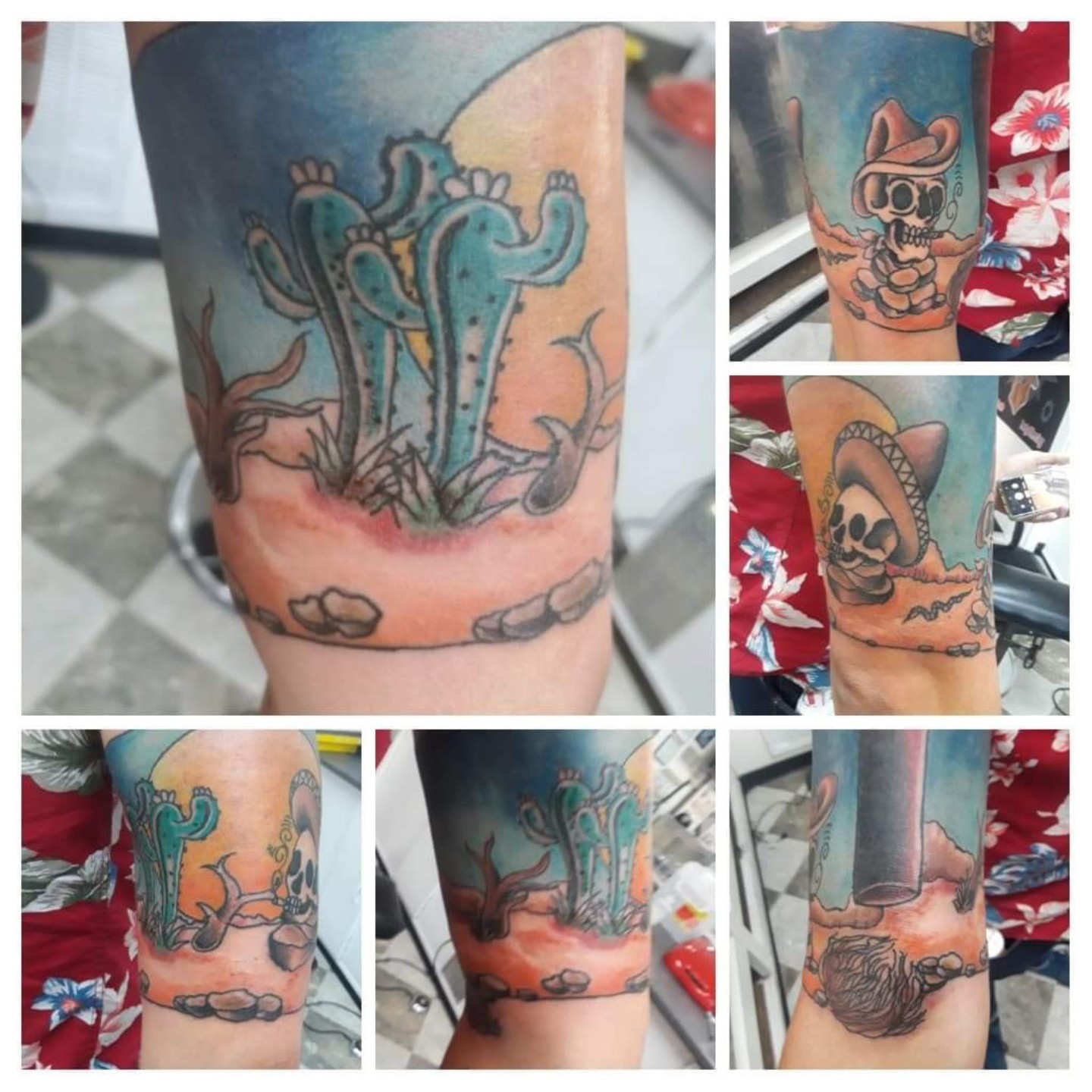 Cactus and skull American traditional tattoo on the forearm by Gabriel Lawton