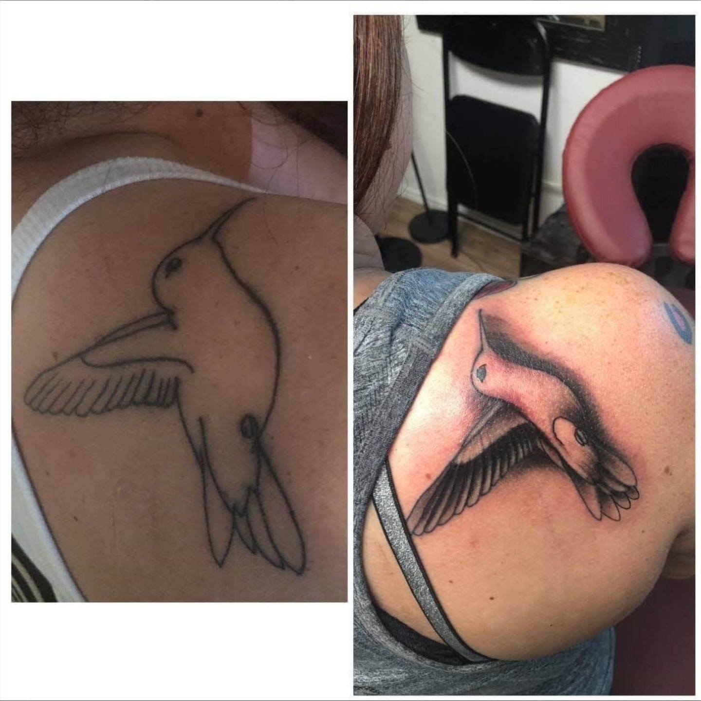 Bird black and grey tattoo on the shoulder by Gabriel Lawton