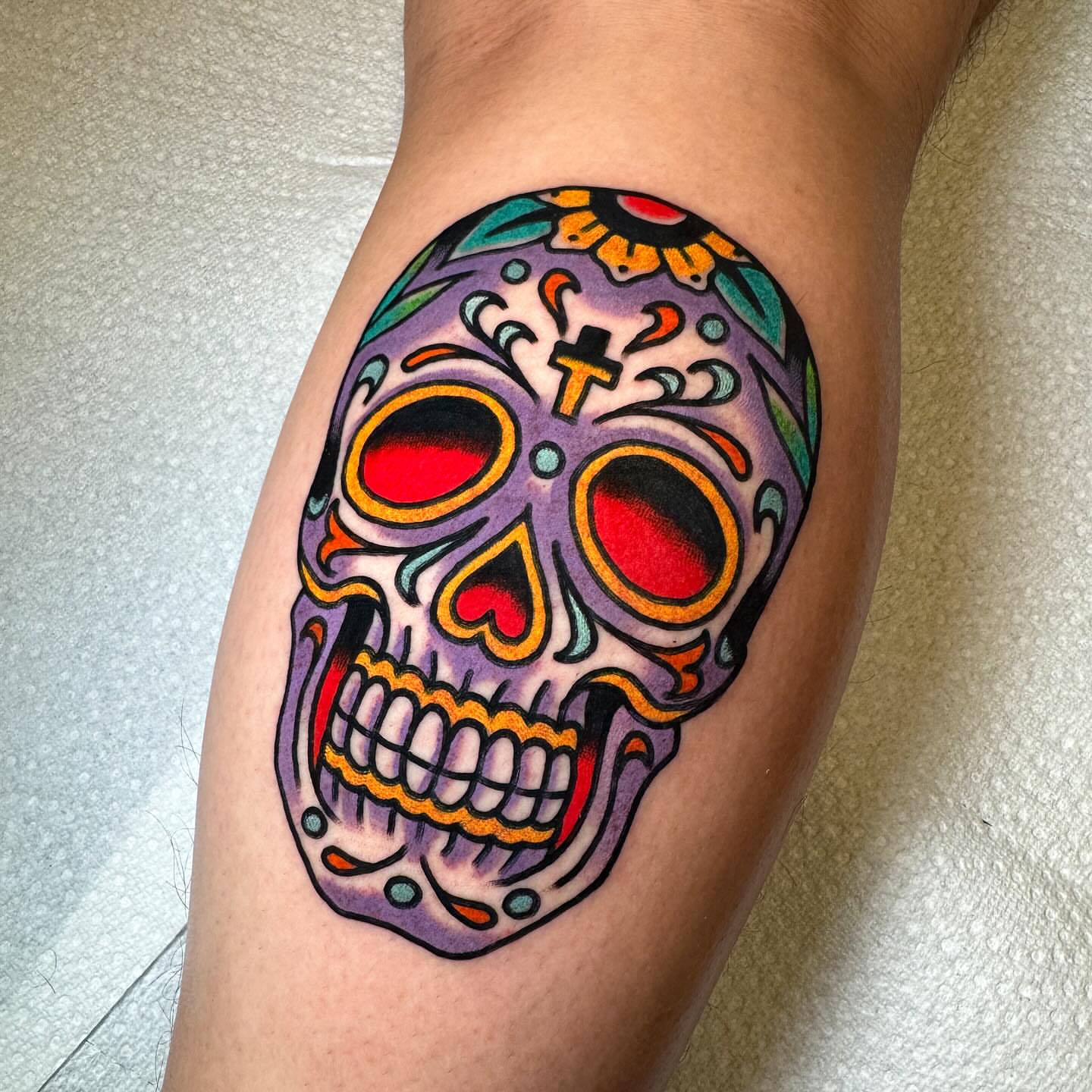 Sugar skull Chicano tattoo on the thigh by Alex Kass 🥩 San Antonio TX, San Antonio, Texas