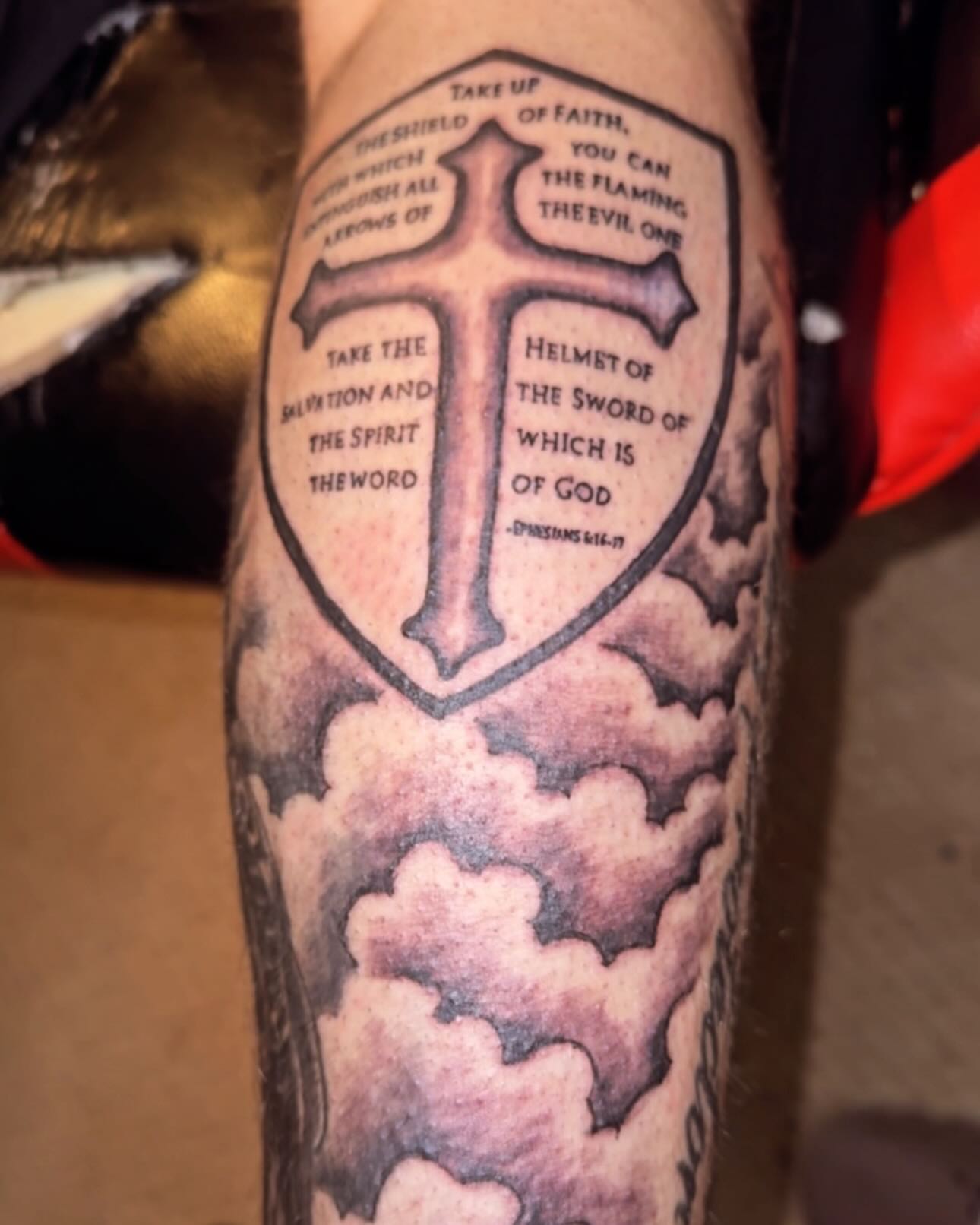 Cross and shield black and grey tattoo on the forearm by Jihaad staley π¦, Charlotte, North Carolina