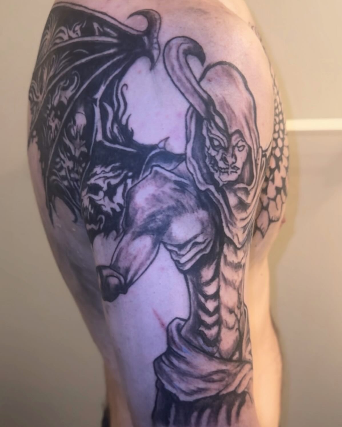 Demon warrior realism tattoo on the thigh by Jihaad staley π¦, Charlotte, North Carolina