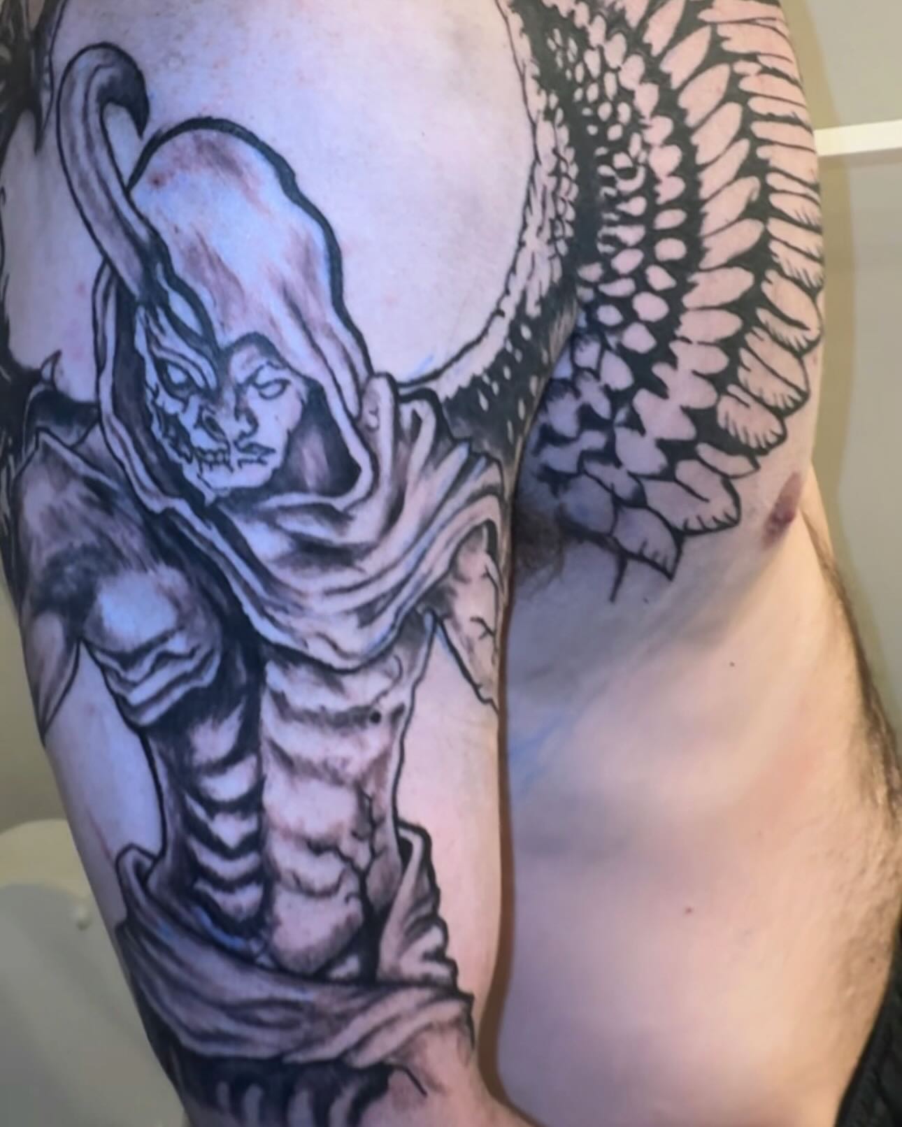 Demon warrior realism tattoo on the upper arm by Jihaad staley π¦, Charlotte, North Carolina
