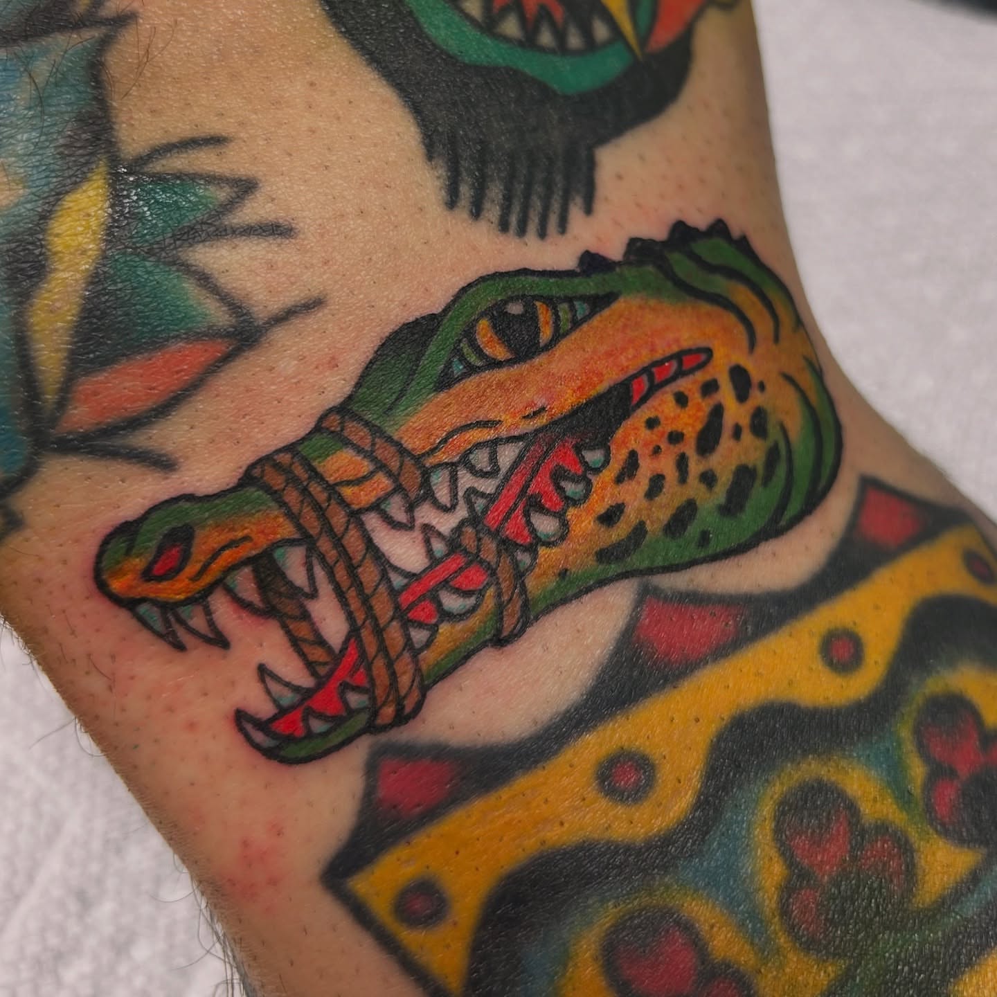 Crocodile American traditional tattoo on the forearm by Lauren Caldwell 🔮🌙