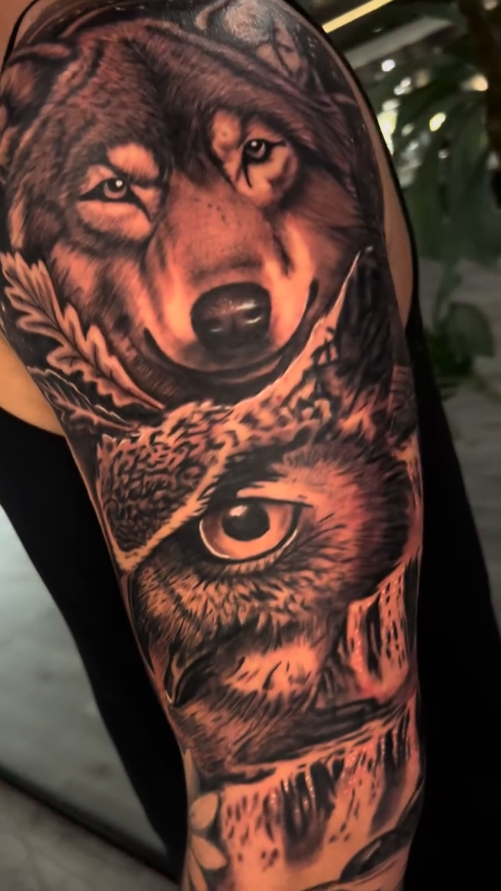 Wolf and owl sleeve realism tattoo by Rafa
