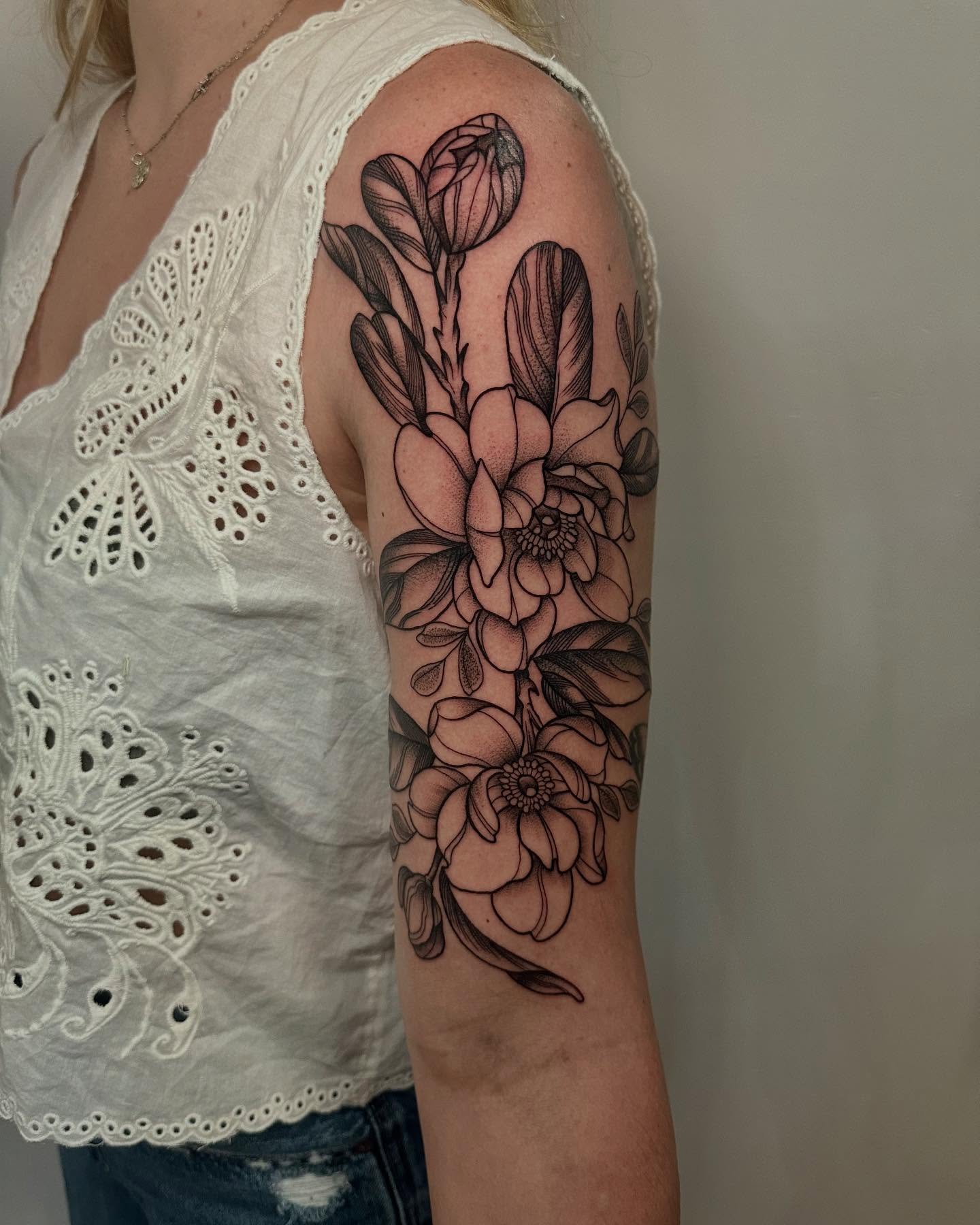 Floral arrangement black and grey tattoo on the forearm by Abby ✣ fineline and blackwork ✣