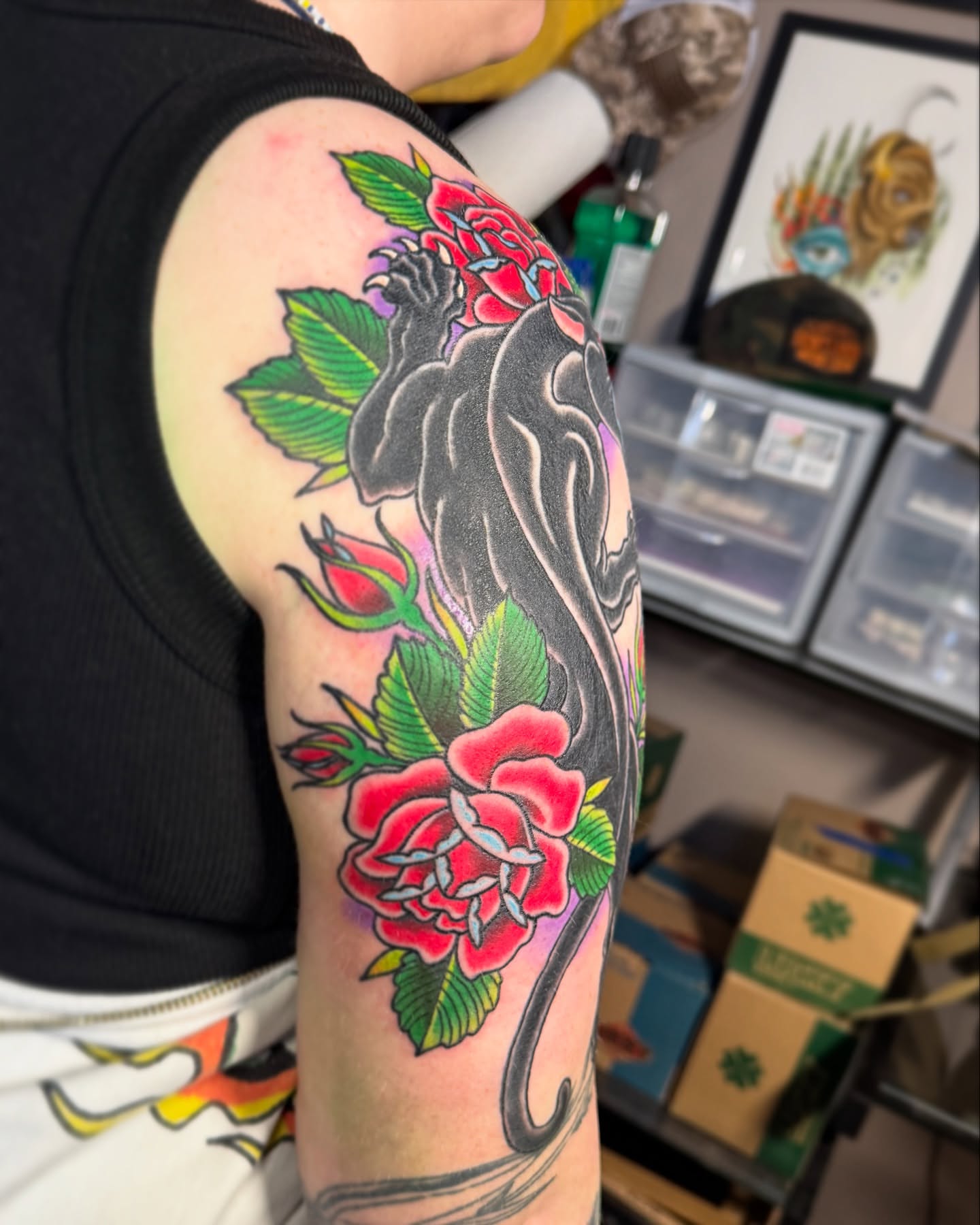 Rose and snake American traditional tattoo on the upper arm by Derek Cilla, Bethlehem, Pennsylvania