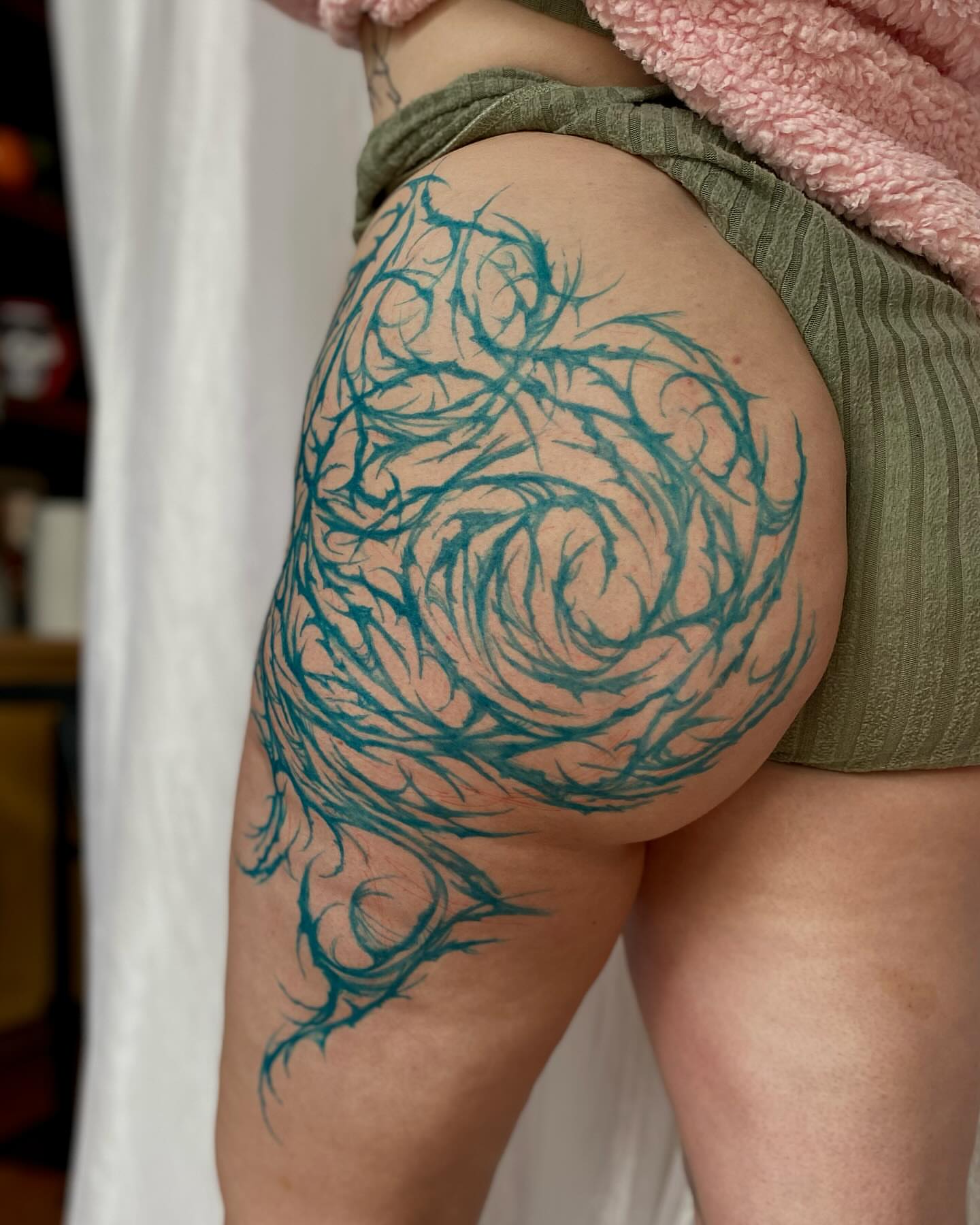 Whirlpool tribal tattoo on the thigh by Maddy ⁂, Murfreesboro, Tennessee