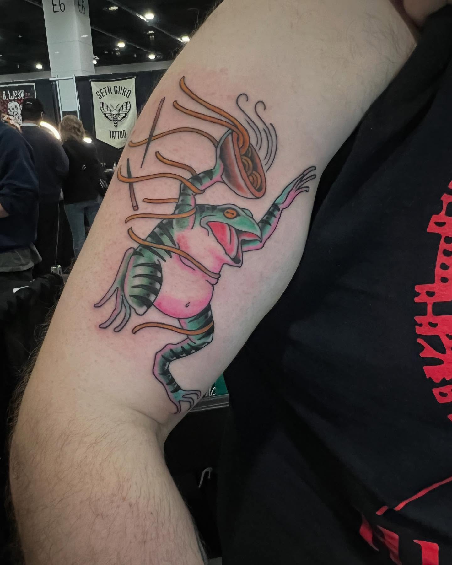 Frog with antlers American traditional tattoo on the forearm by Mika Clairissa