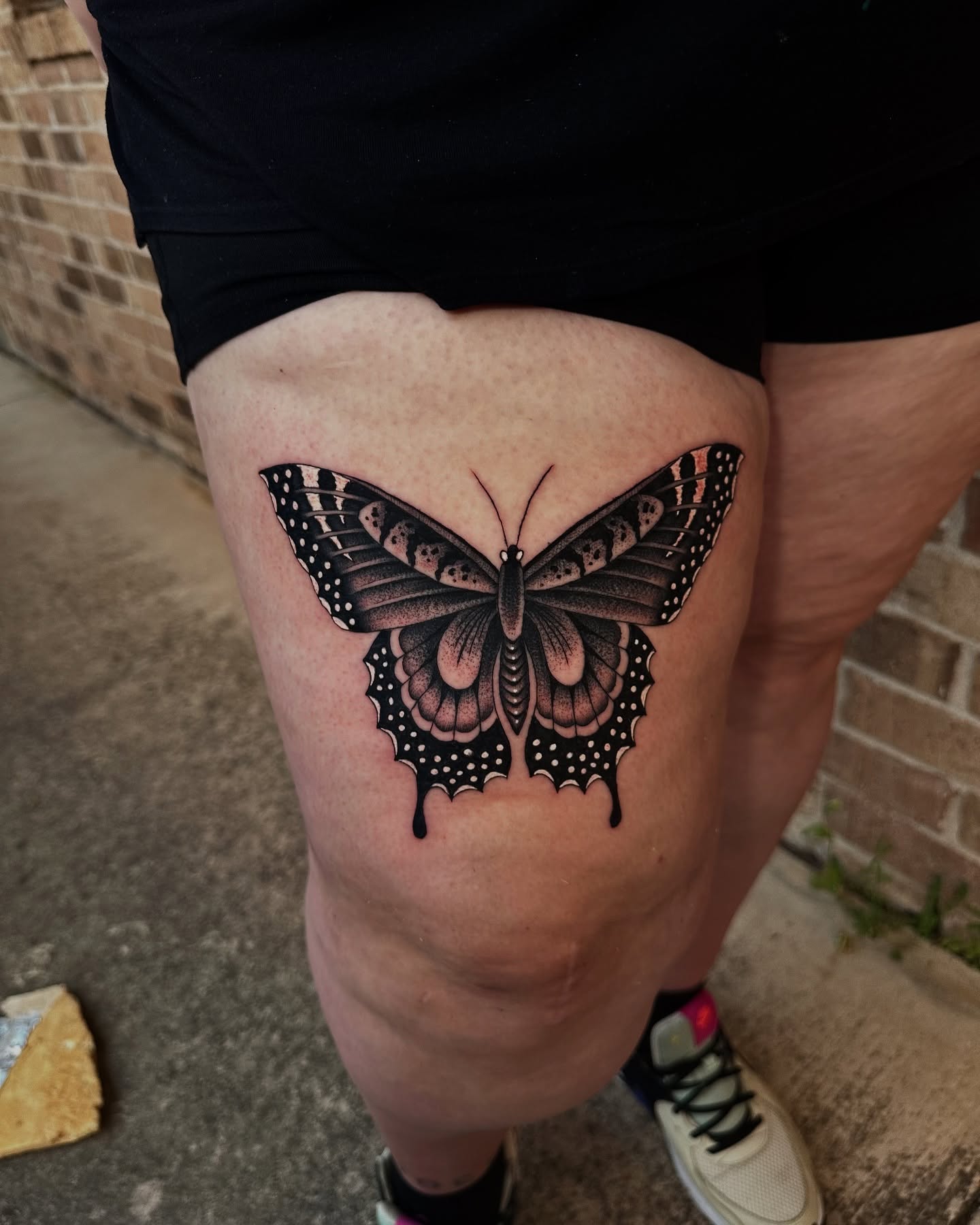 Butterfly dotwork tattoo on the thigh by Matthew, Georgetown, Texas
