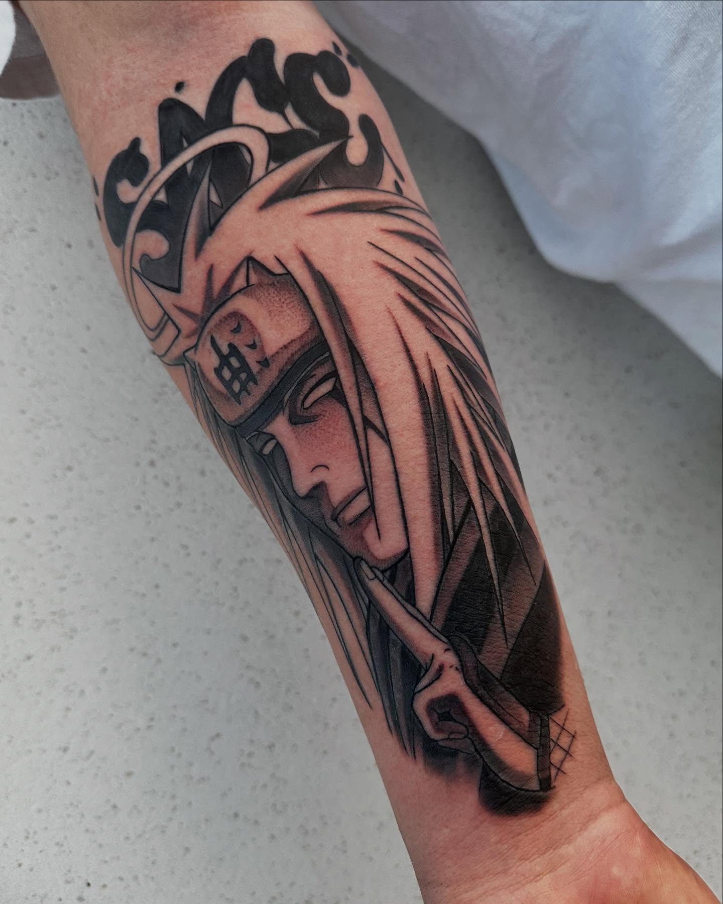 Anime character anime tattoo on the forearm by Alfred