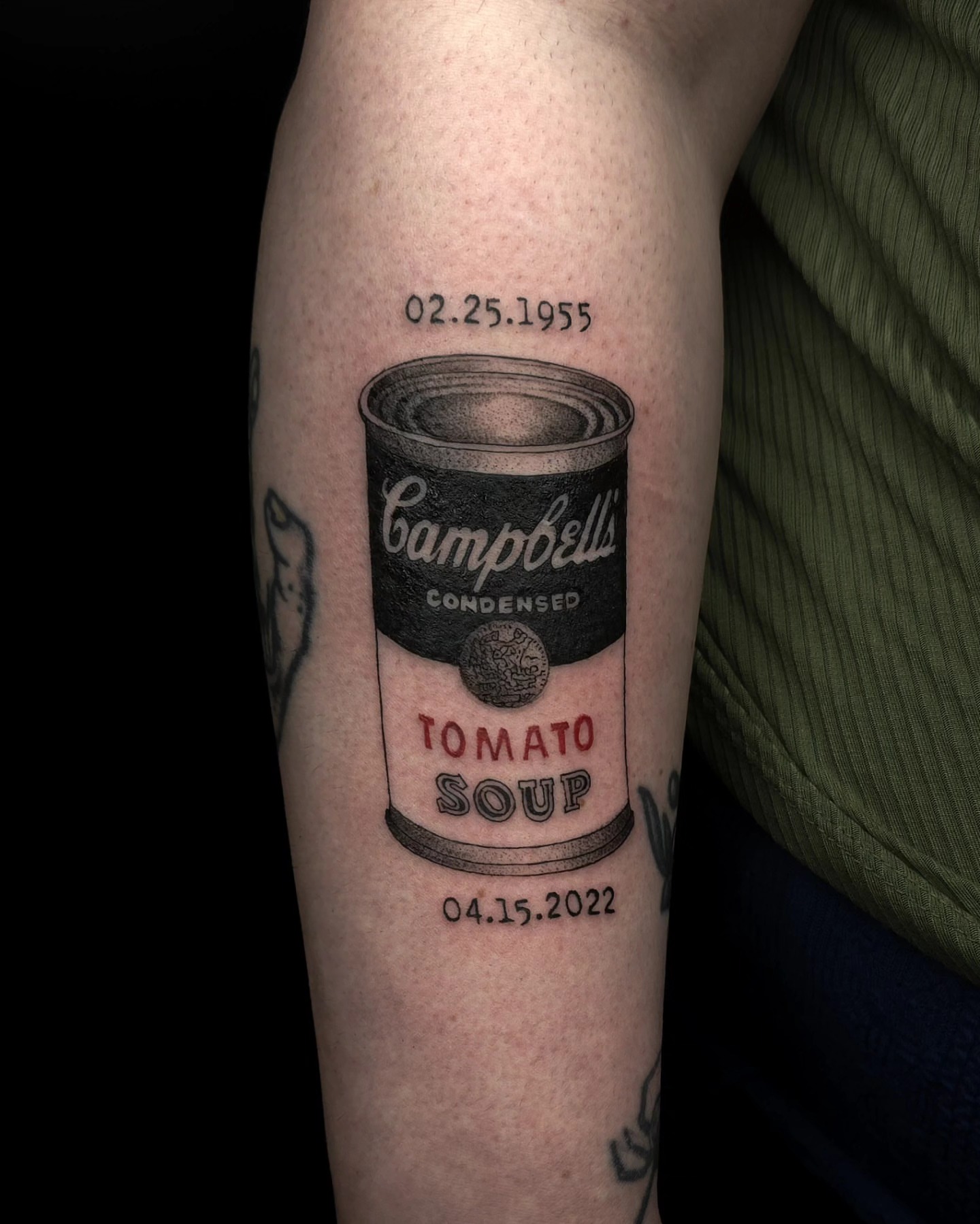 Campbell's Soup Can black and grey tattoo on the forearm by Viktoriia ▪︎ Tattoo ▪︎ Chicago ▪︎ Naperville