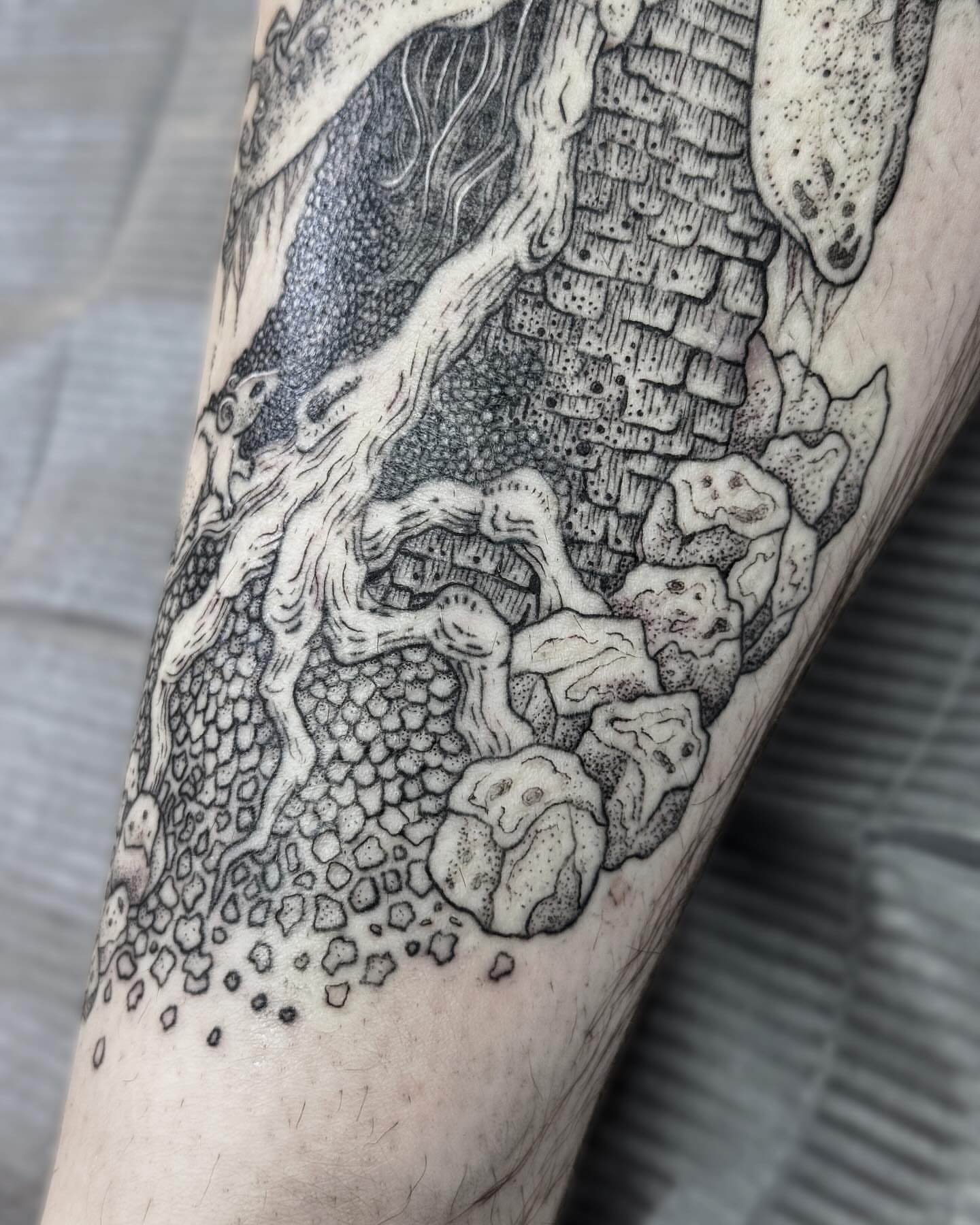 Dragon and landscape dotwork tattoo on the forearm by Writhe Grey