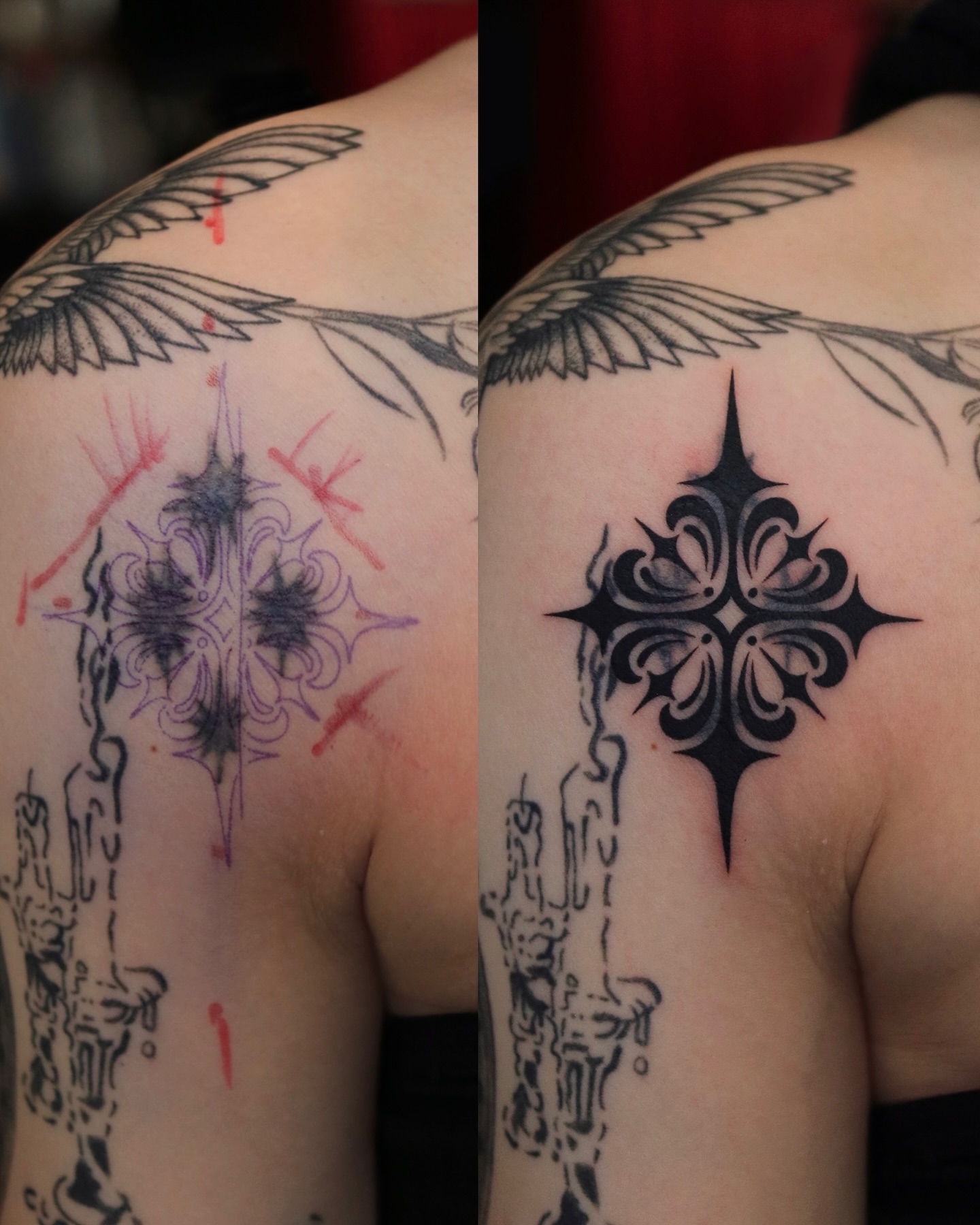 Cross geometric tattoo on the shoulder by Seoul tattoo