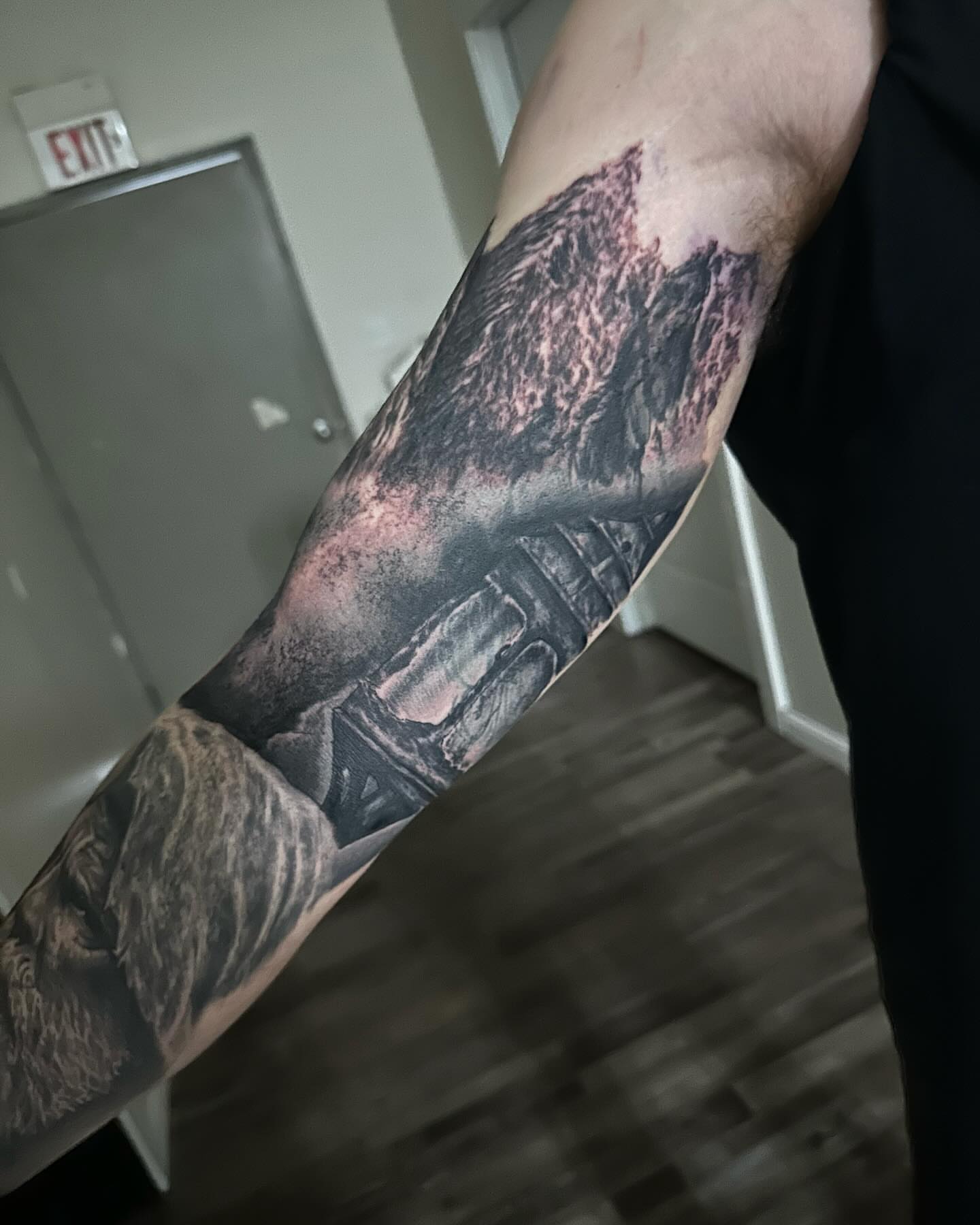 Mountain landscape realism tattoo on the forearm by Neil5one3