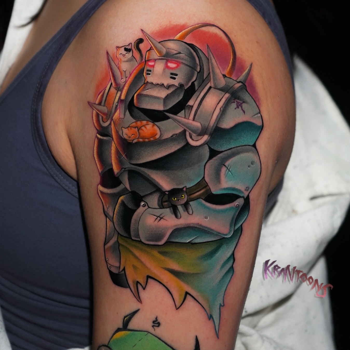 Mecha robot with cats anime tattoo on the shoulder by Jason