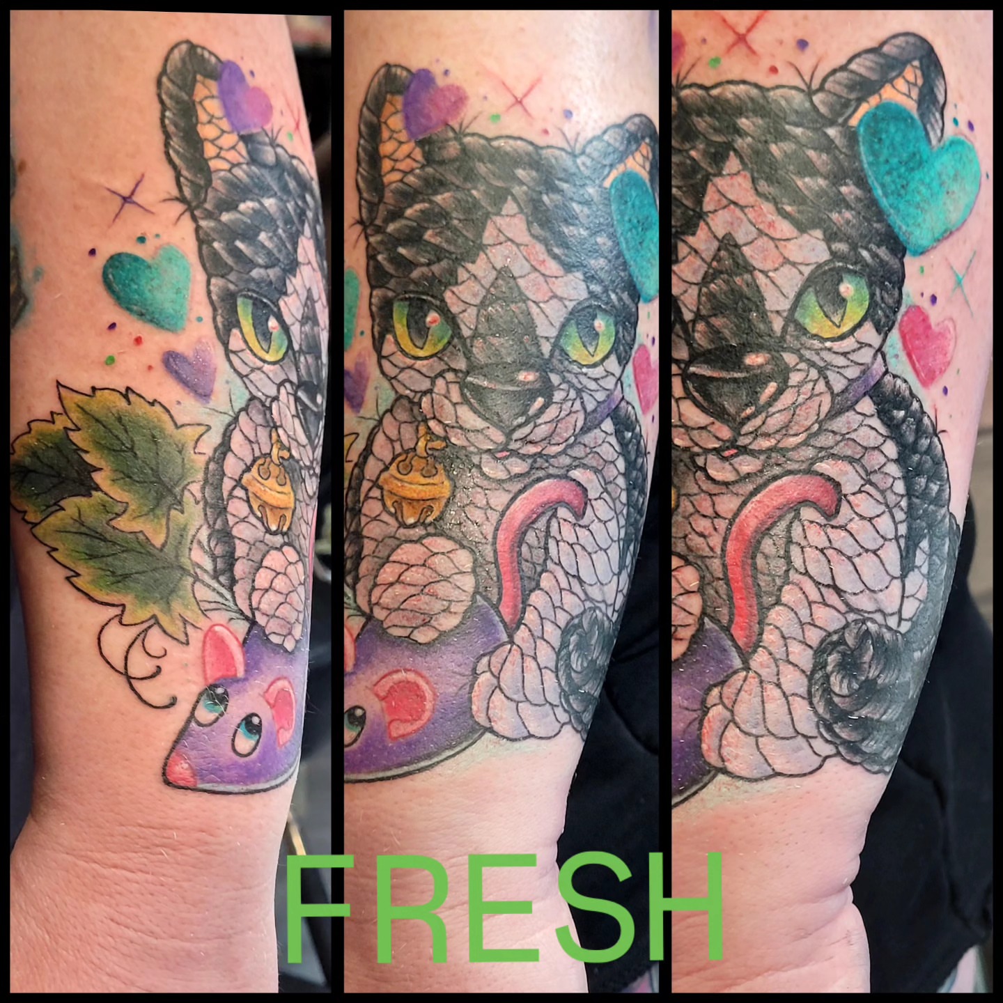 Cat new school tattoo on the forearm by Dawne Michele