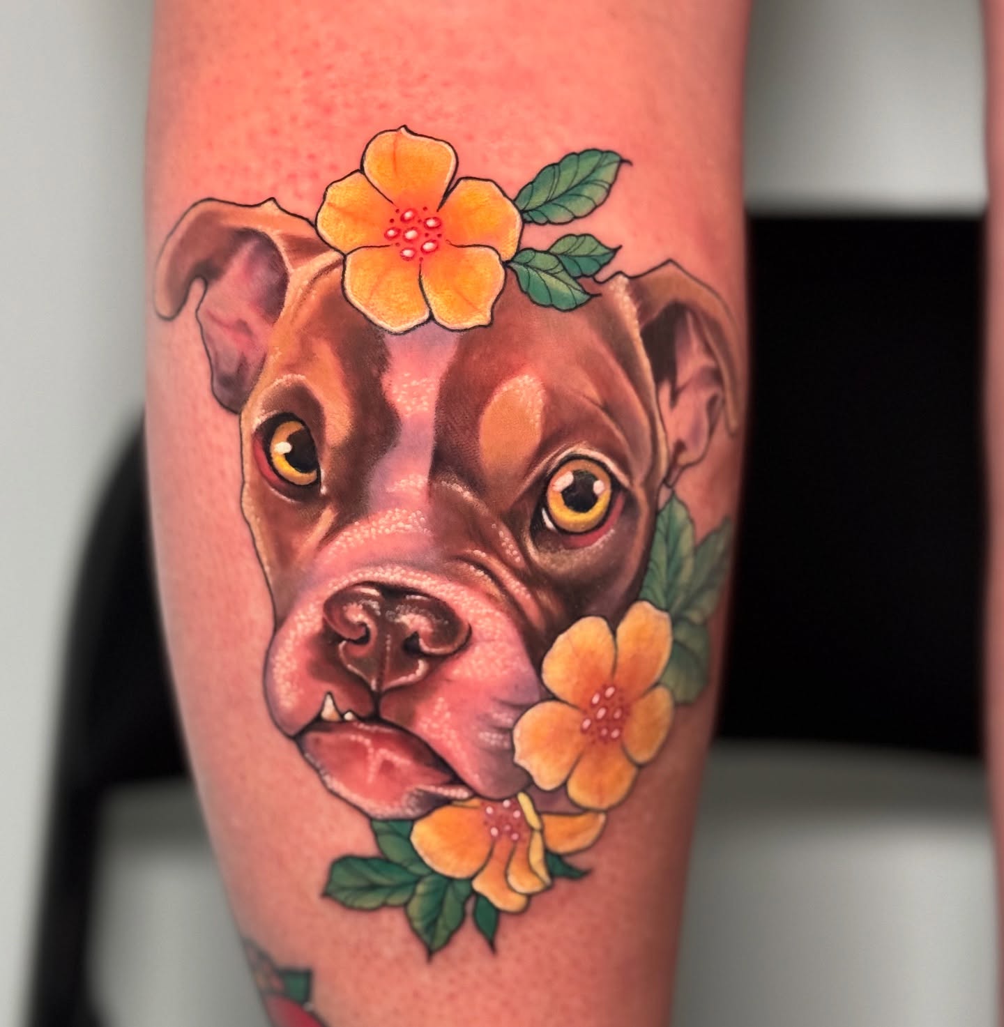 Boxer dog with flowers realism tattoo on the forearm by Steve Gentile Tattoos