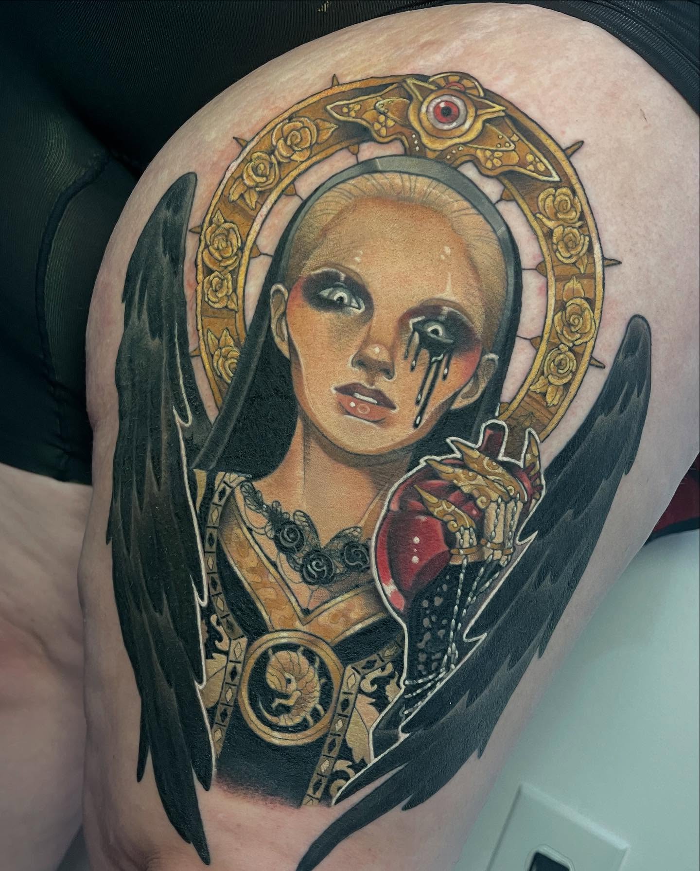 Woman with wings dark realism tattoo on the thigh by 🌿Izzy🌿