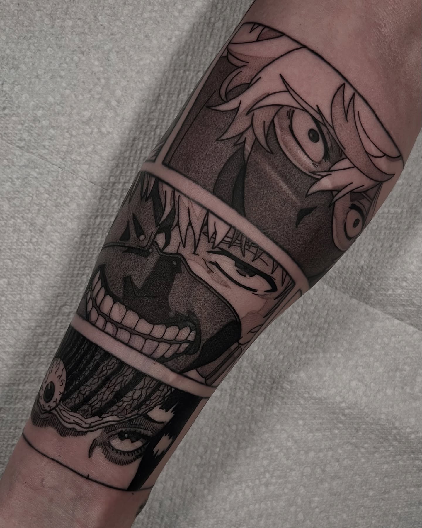 Anime character dotwork tattoo on the forearm by Chandler Roe