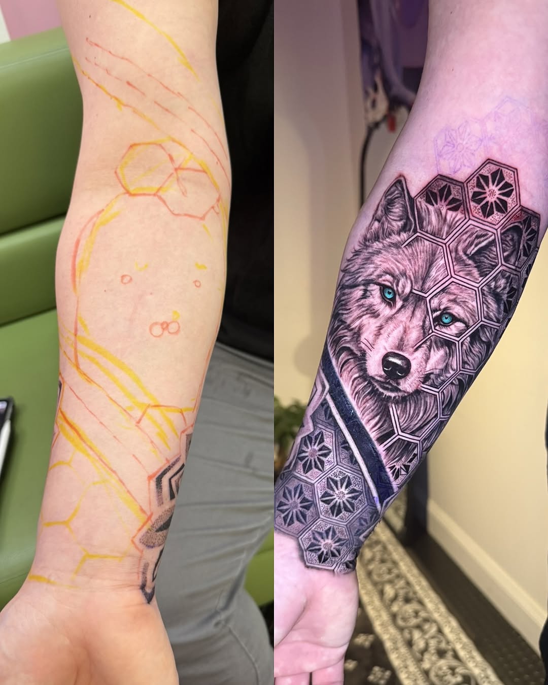 Wolf head with geometric patterns realism tattoo on the forearm by Ivy lee