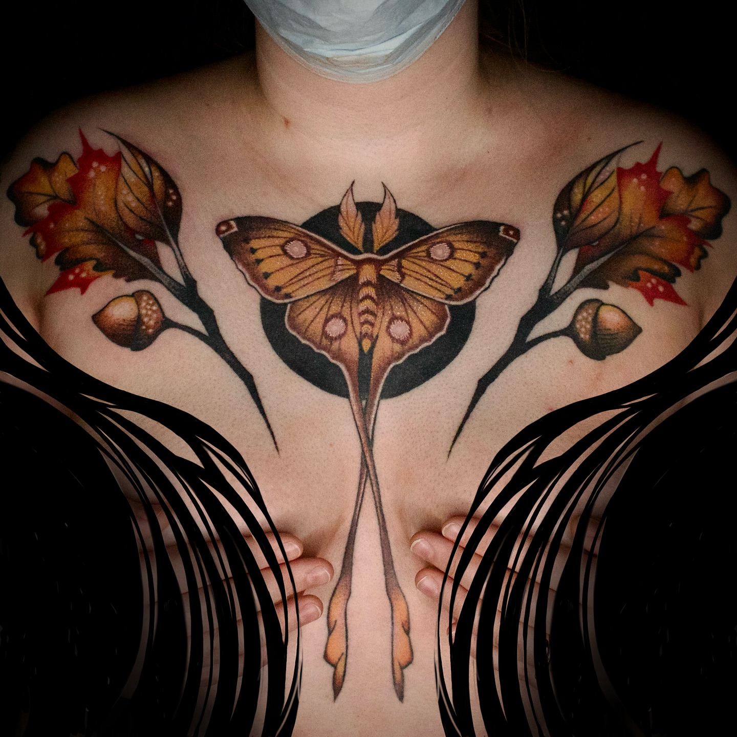 Butterfly and autumn leaves realism tattoo on the chest by Galen