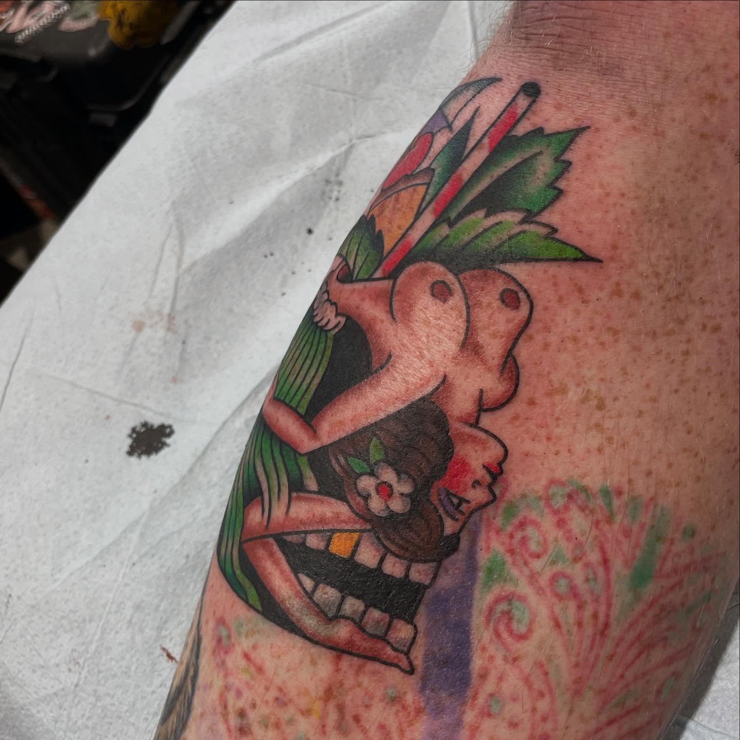 Skull and rabbit American traditional tattoo on the forearm by Grandma Approved, Chicago, Illinois