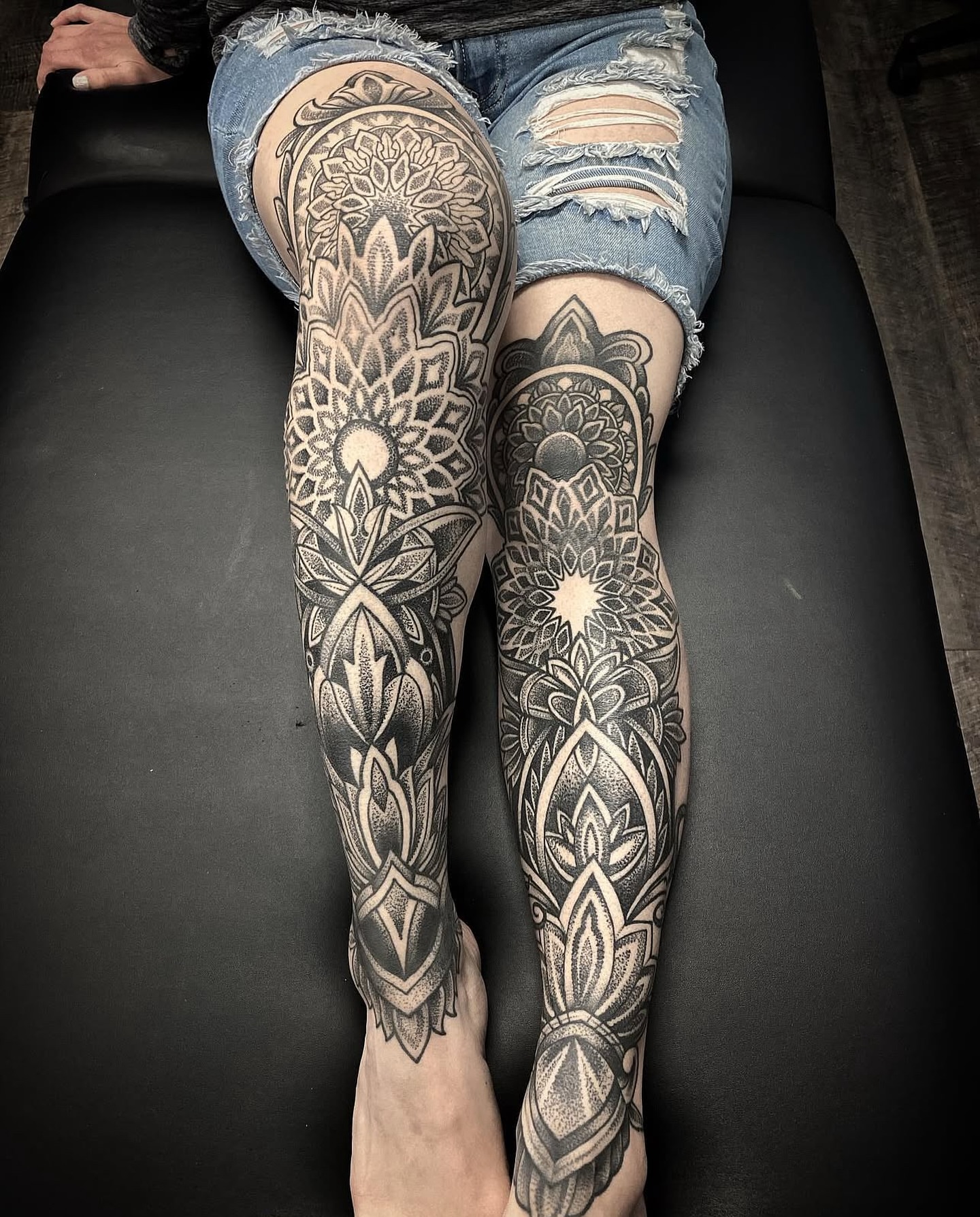 Mandala dotwork tattoo on the leg by Sterling Grice