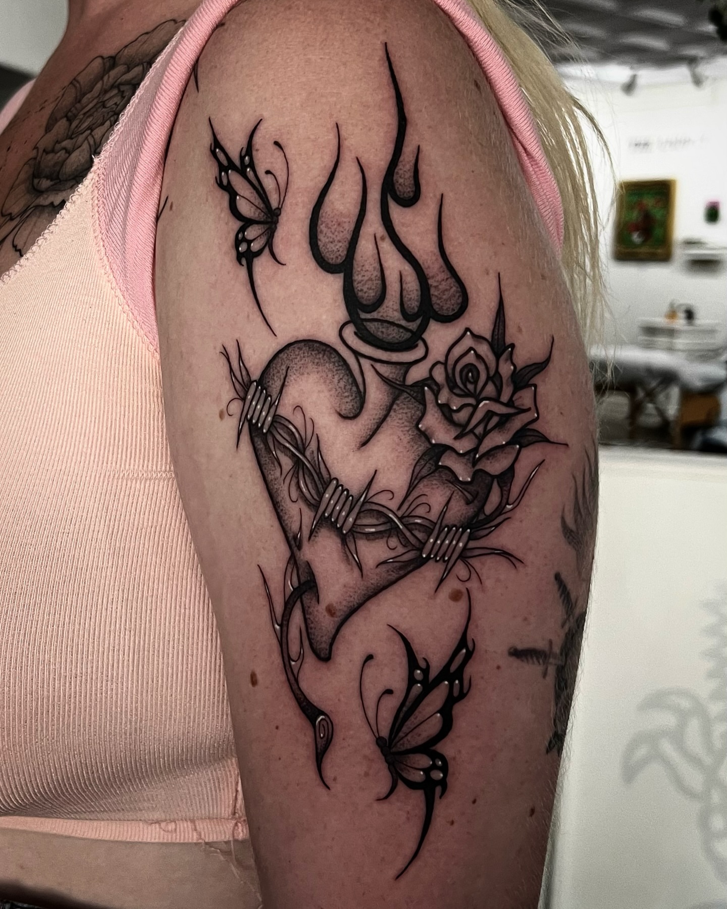 Trishula and rose black and grey tattoo on the shoulder by ∙︎✢︎ Rach K ✢︎