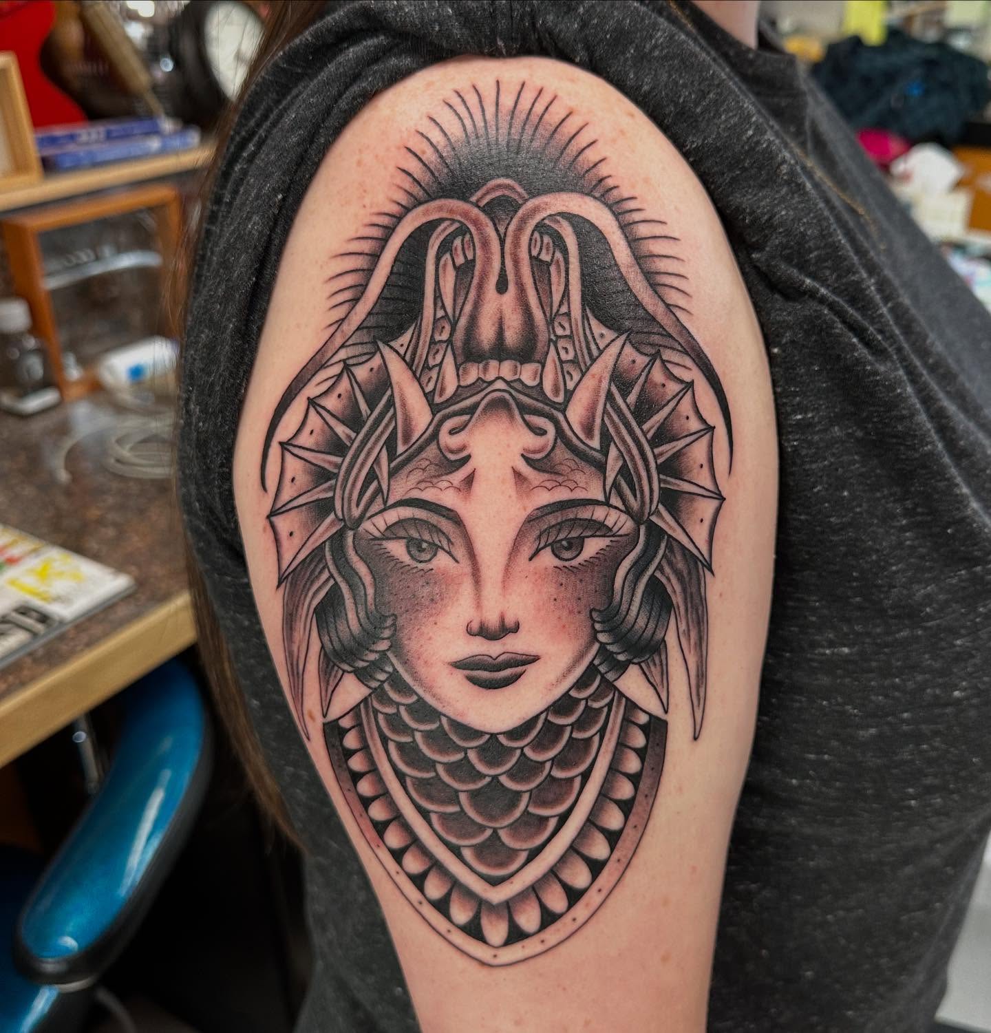 Tattoo by @gravestattooer — black_and_grey, geometric