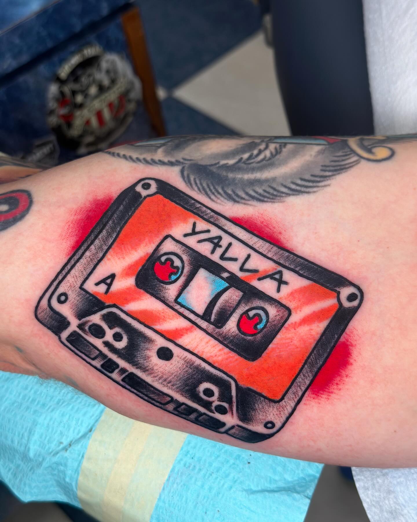 Cassette tape American traditional tattoo on the forearm by David Steed, Dallas, Texas