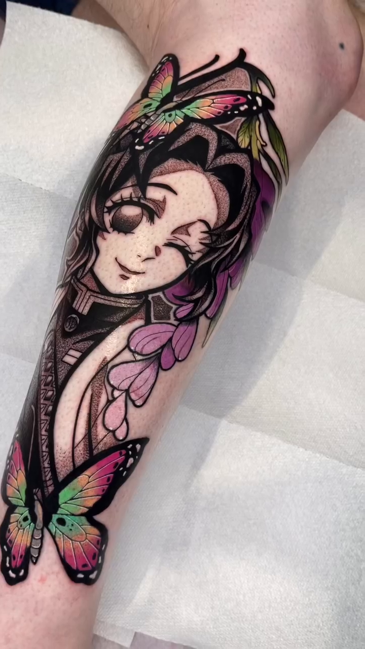 Japanese anime character with butterflies anime tattoo by Luis Torres, Harrison, New Jersey