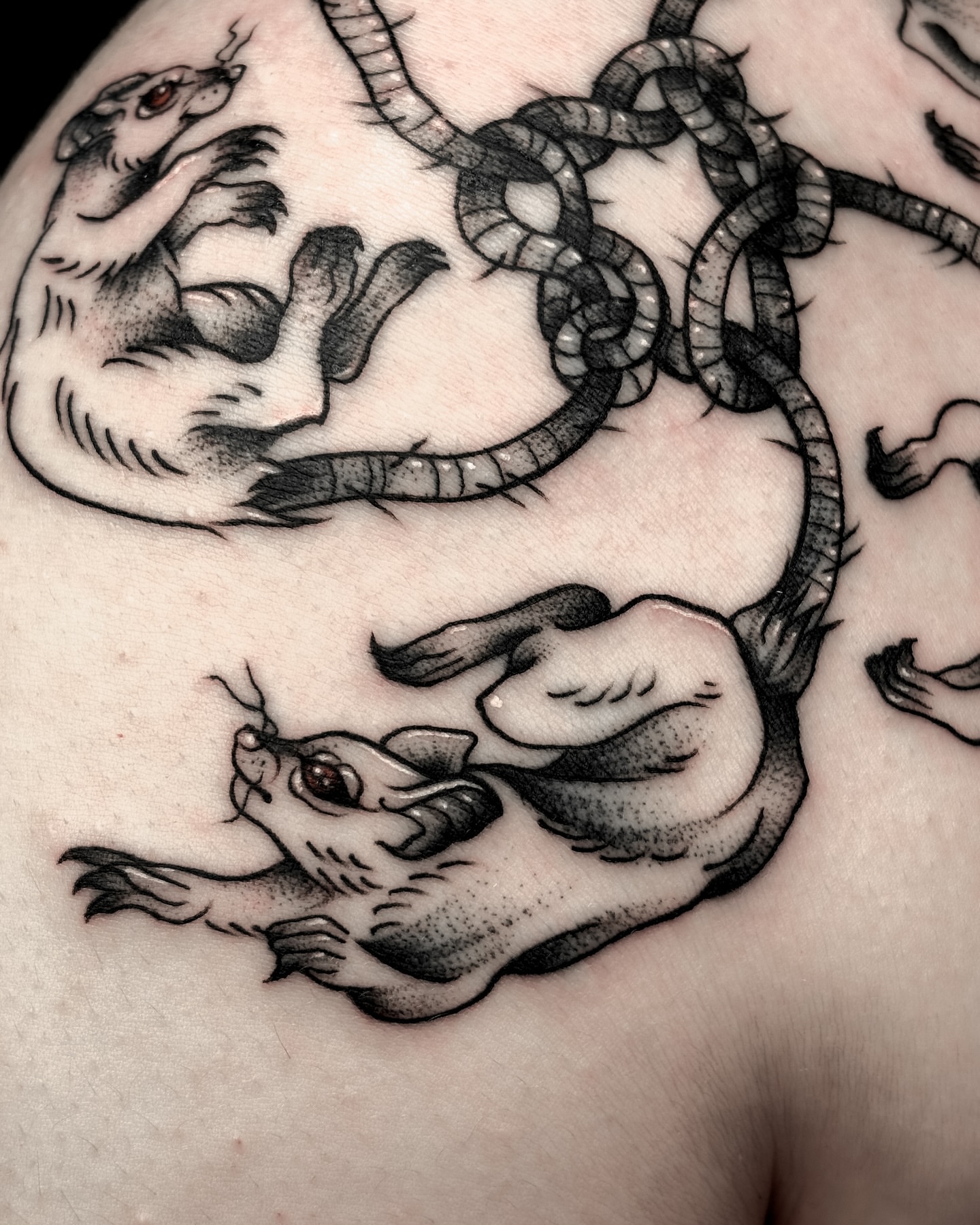 Rat and snake black and grey tattoo on the shoulder by ✿ Desiree Gawle ✿
