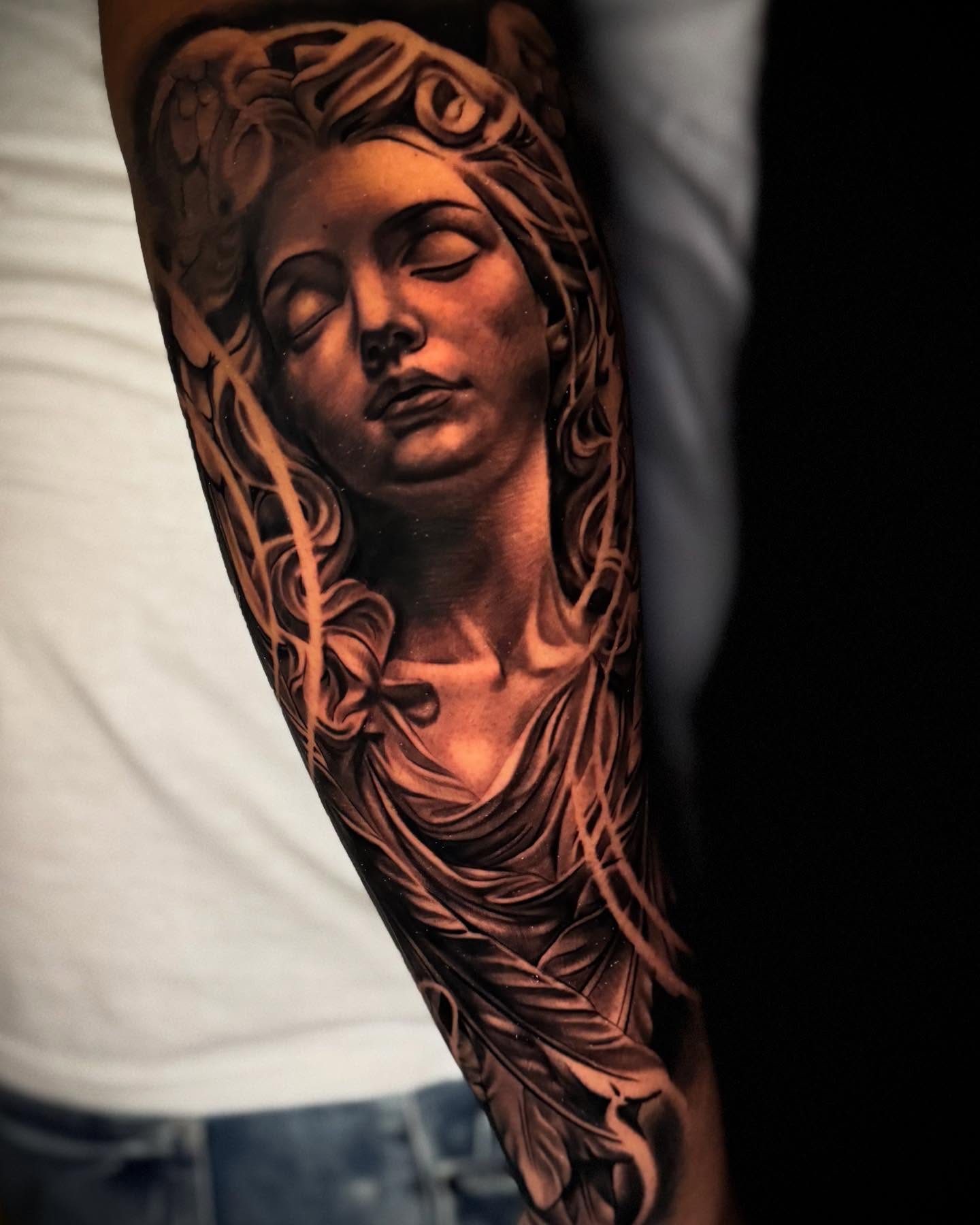 Woman's face realism tattoo on the forearm by π΅ππππ πΏπππππ, Houston, Texas