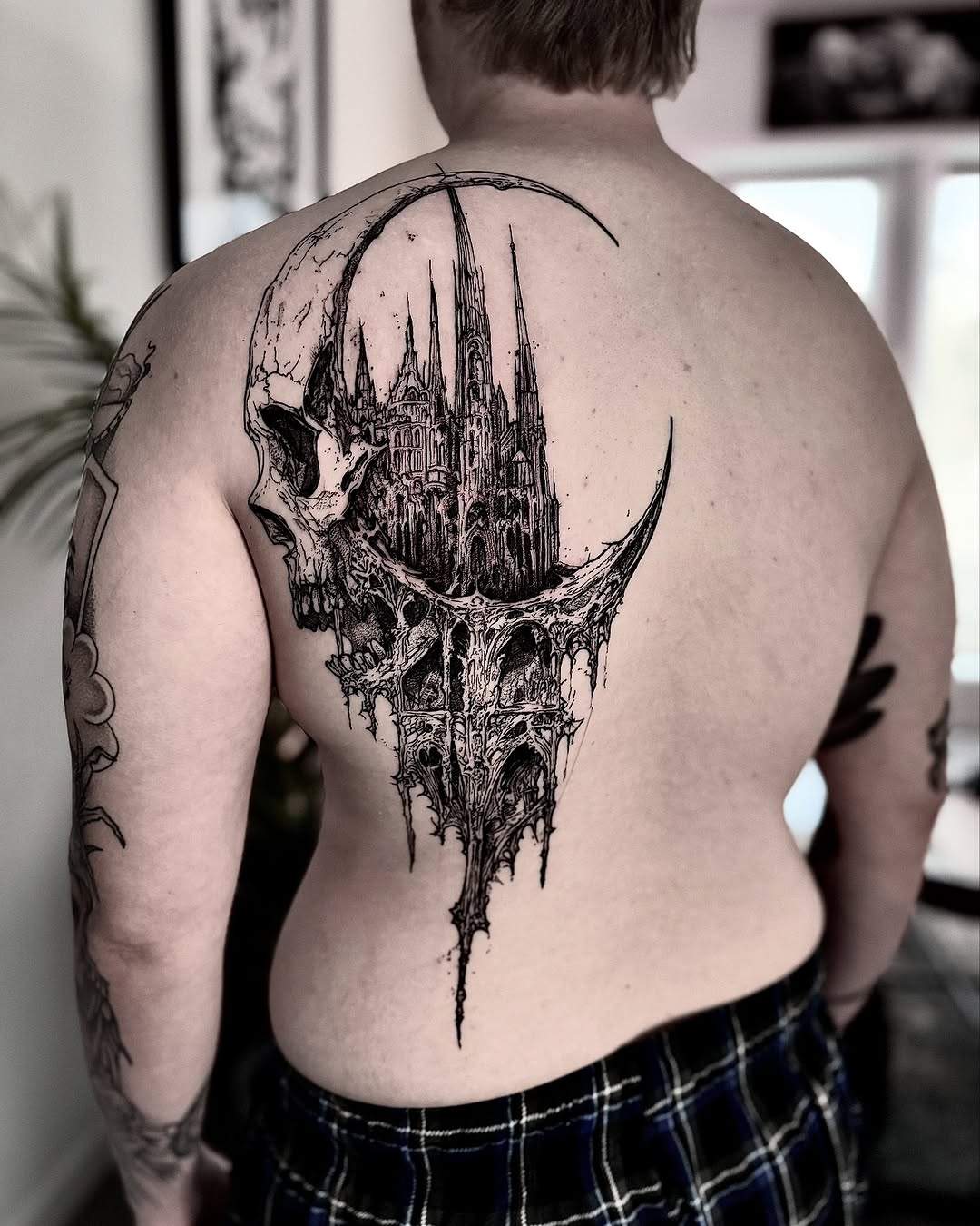Skull and gothic cathedral dark art tattoo on the back by Bwk Dark Art